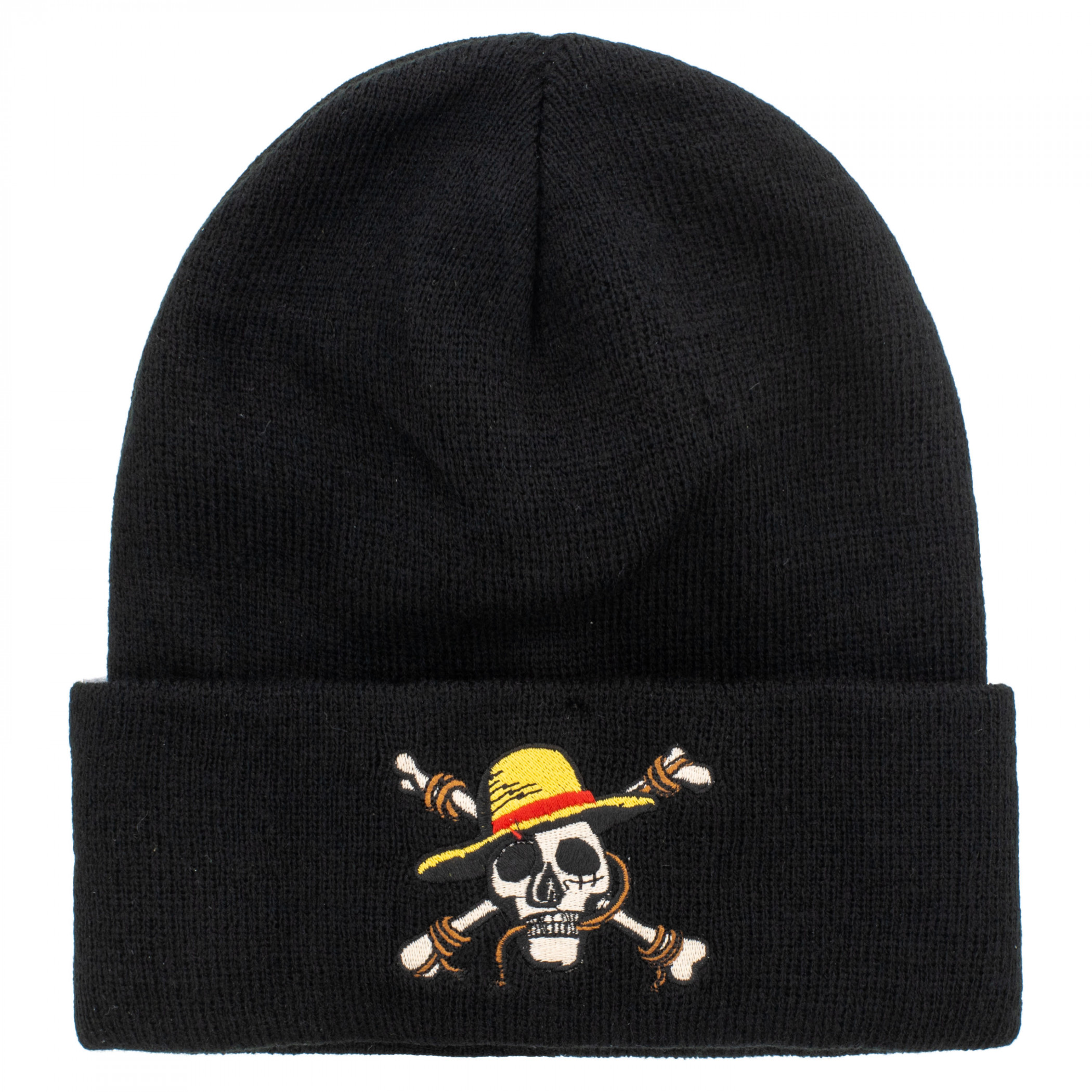 One Piece Jolly Rodger Woven Label Knit Cuff Beanie, Black