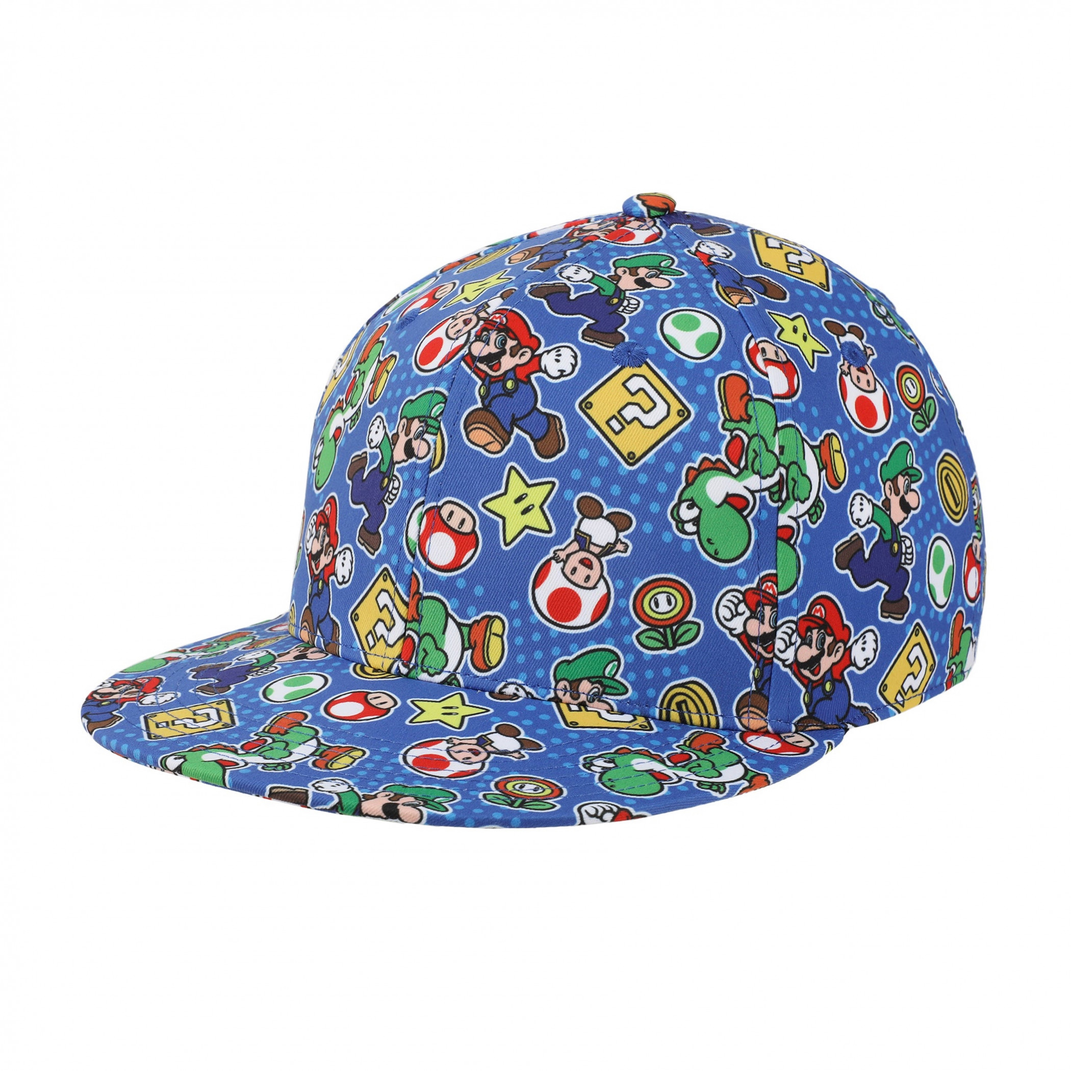 Super Mario Bros. Mario-Luigi-Toad Pattern Snapback Hat, Blue