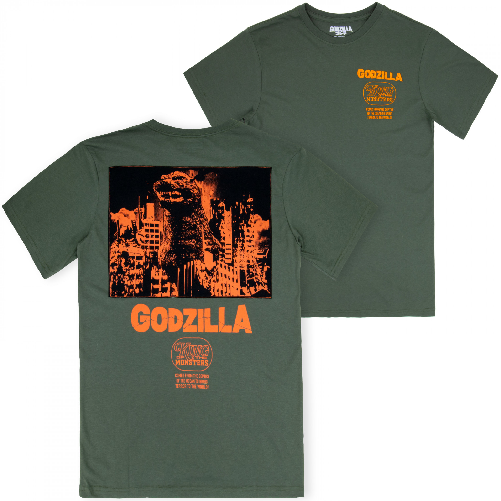 Godzilla Embroidered King of Monsters Front & Back Print T-Shirt, Green