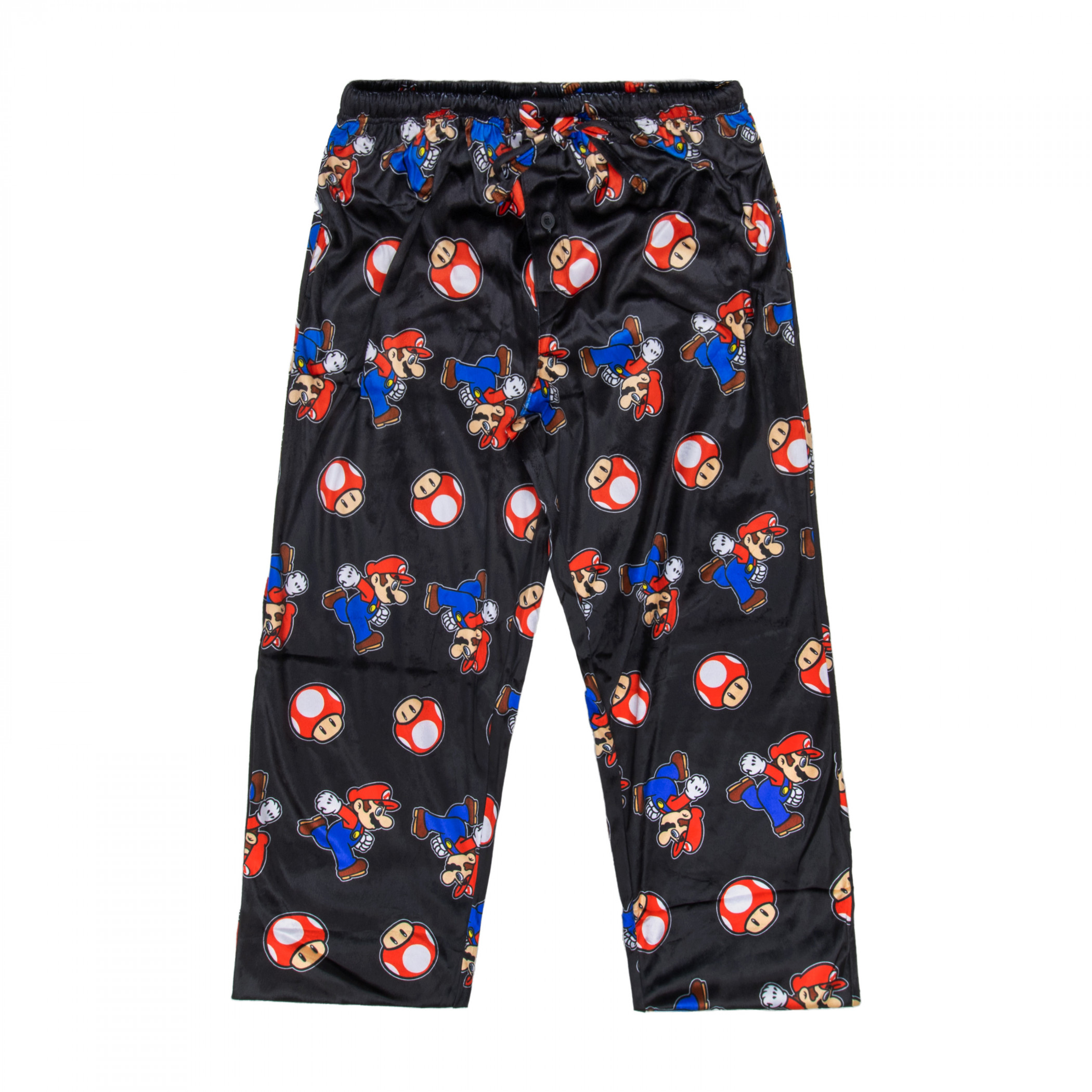 Super Mario Bros Mushroom  Patterned Fleece Sueded Sleep Pants, Black