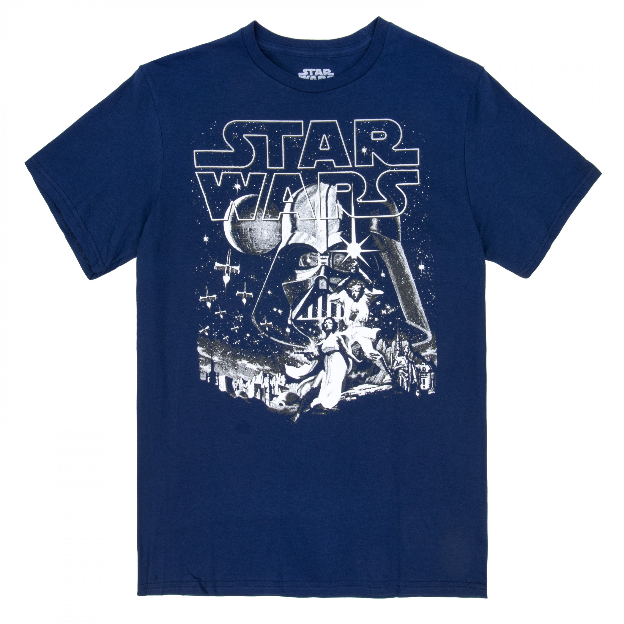 Star Wars Movie Poster White Line Drawing on Navy T-Shirt, Blue