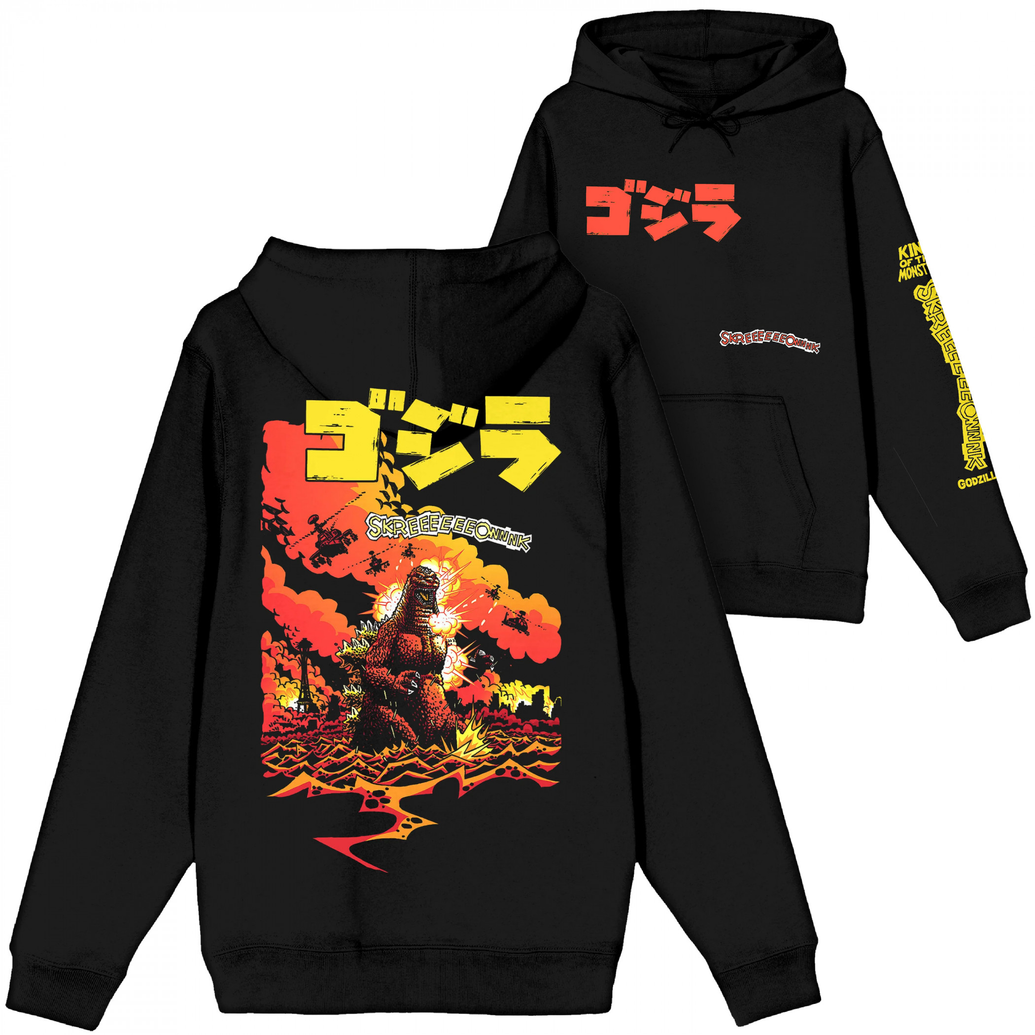 Godzilla Classic Kanji Poster Art Front and Back Print Pullover Hoodie, Black