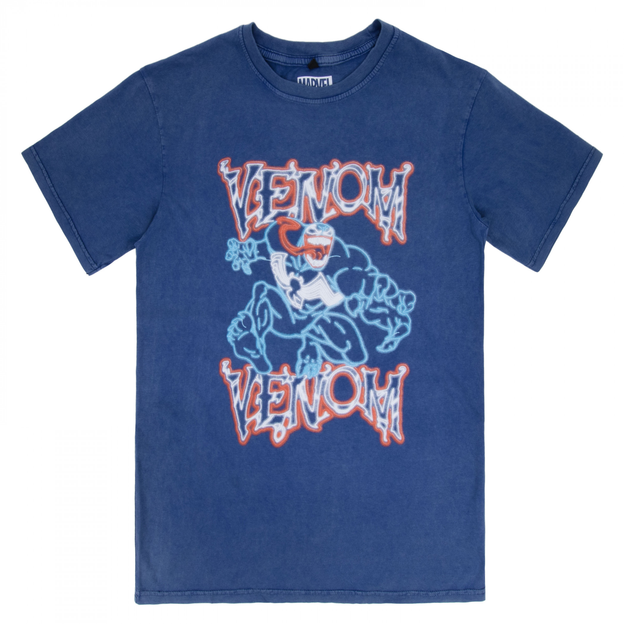 Venom Neon Light Outline on Stone Wash Vintage T-Shirt, Blue