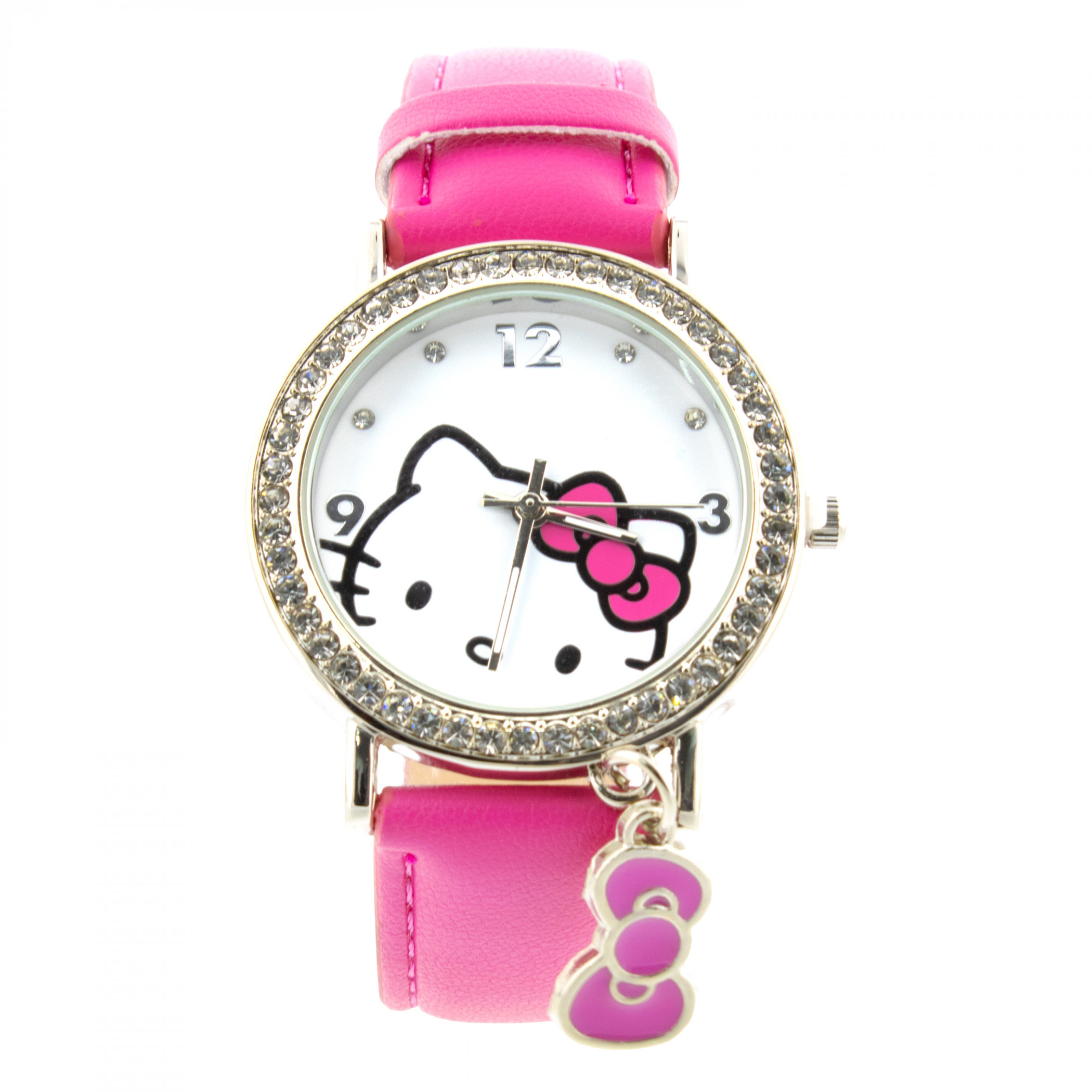 Hello Kitty Bright Pink Strap  Bow Charm & Crystal Bezel Analog Watch, Pink