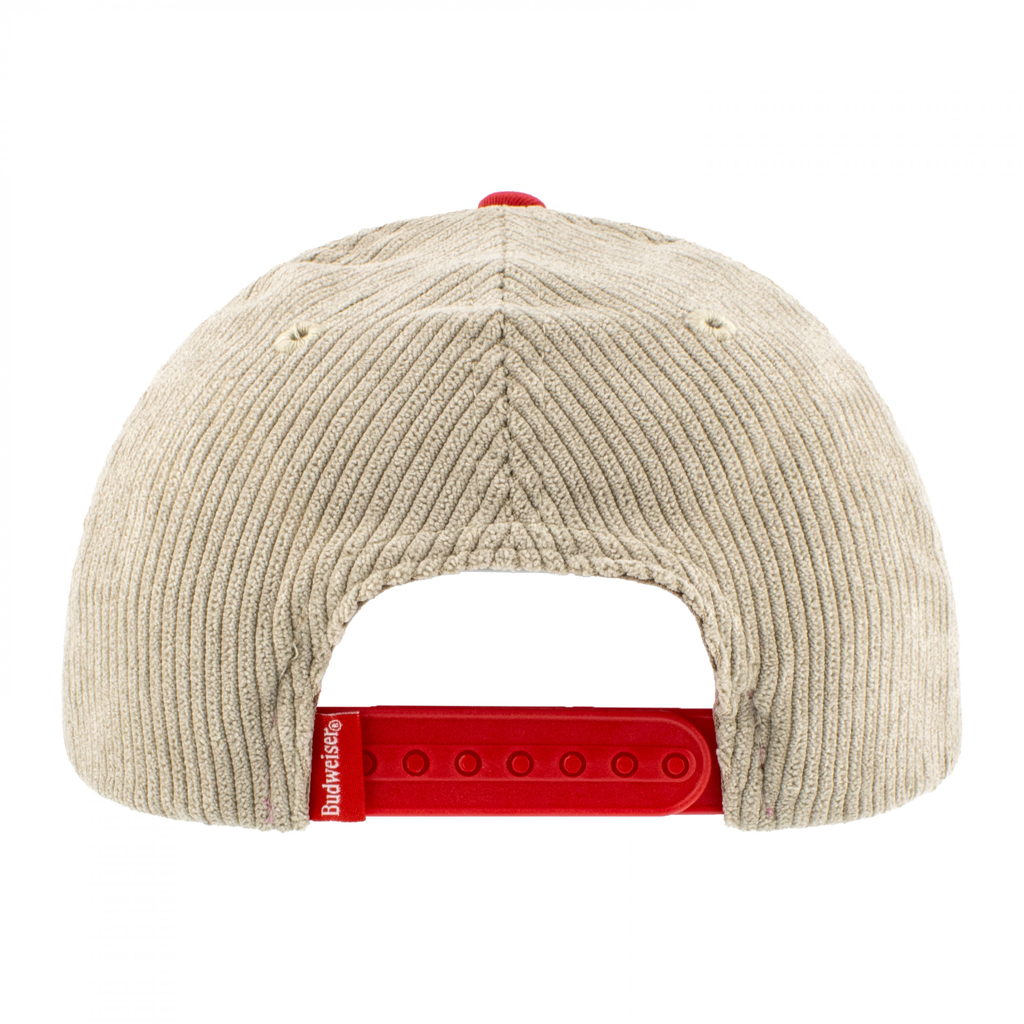 Budweiser Beer Label Patch on Brown Snapback Hat with Red Bill