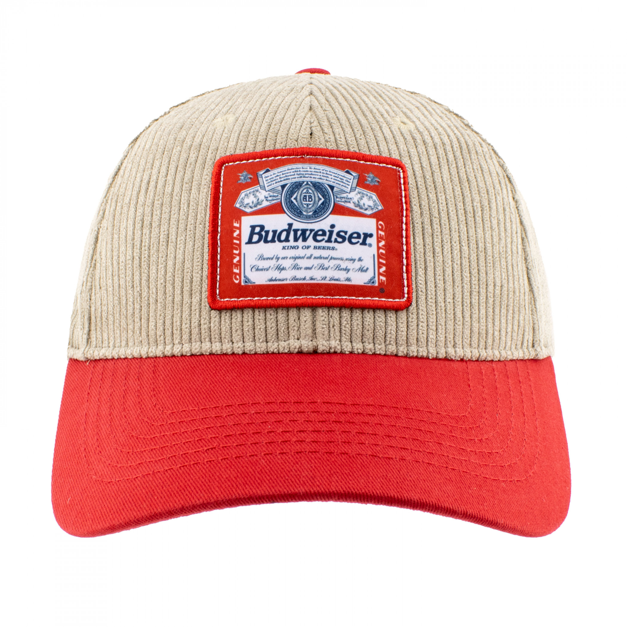 Budweiser Beer Label Patch on Brown Snapback Hat with Red Bill