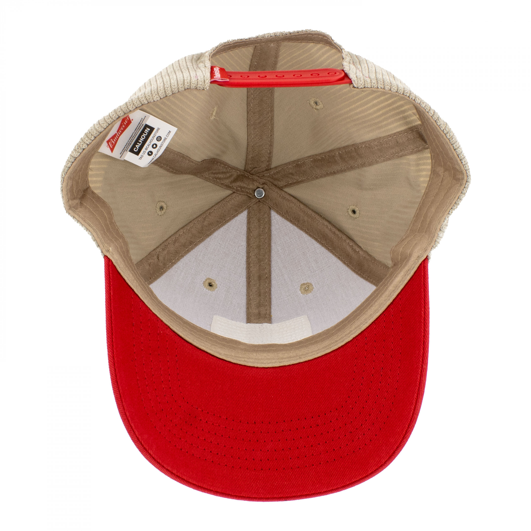 Budweiser Beer Label Patch on Brown Snapback Hat with Red Bill