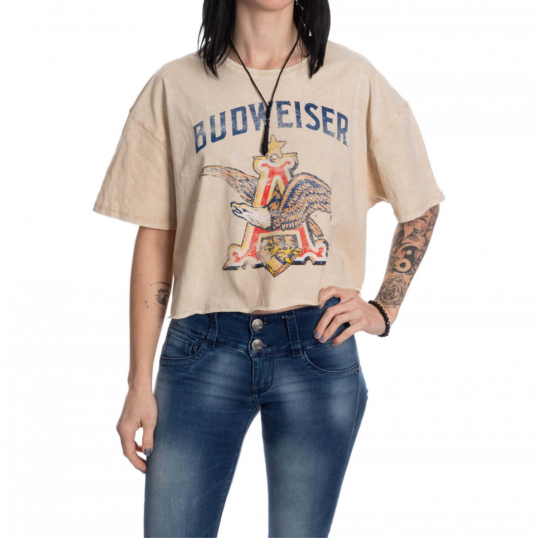Budweiser Distressed Big Anheuser Logo Cropped Ladies T-Shirt