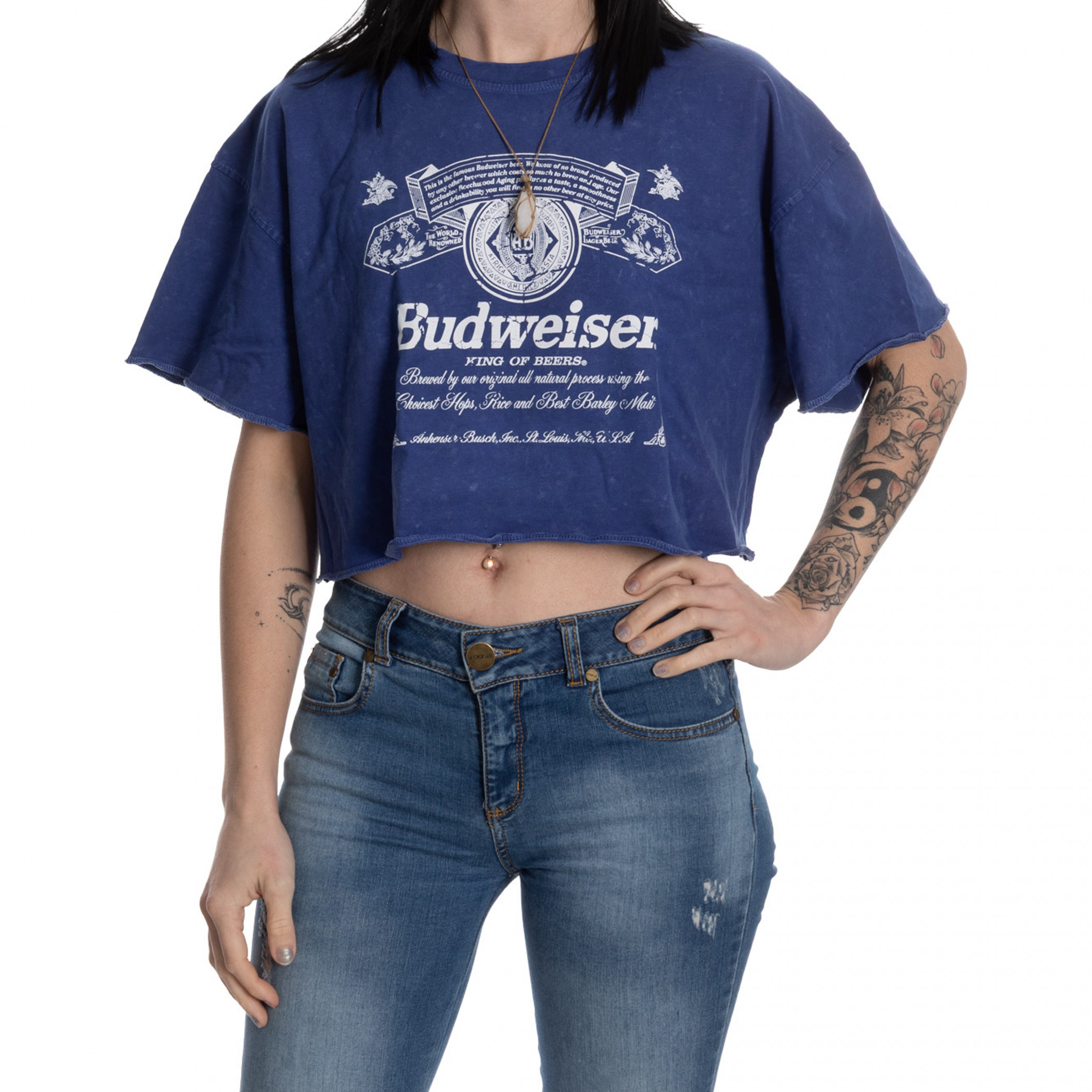 Budweiser Midnight Blue and White Beer Label Cropped Ladies Shirt