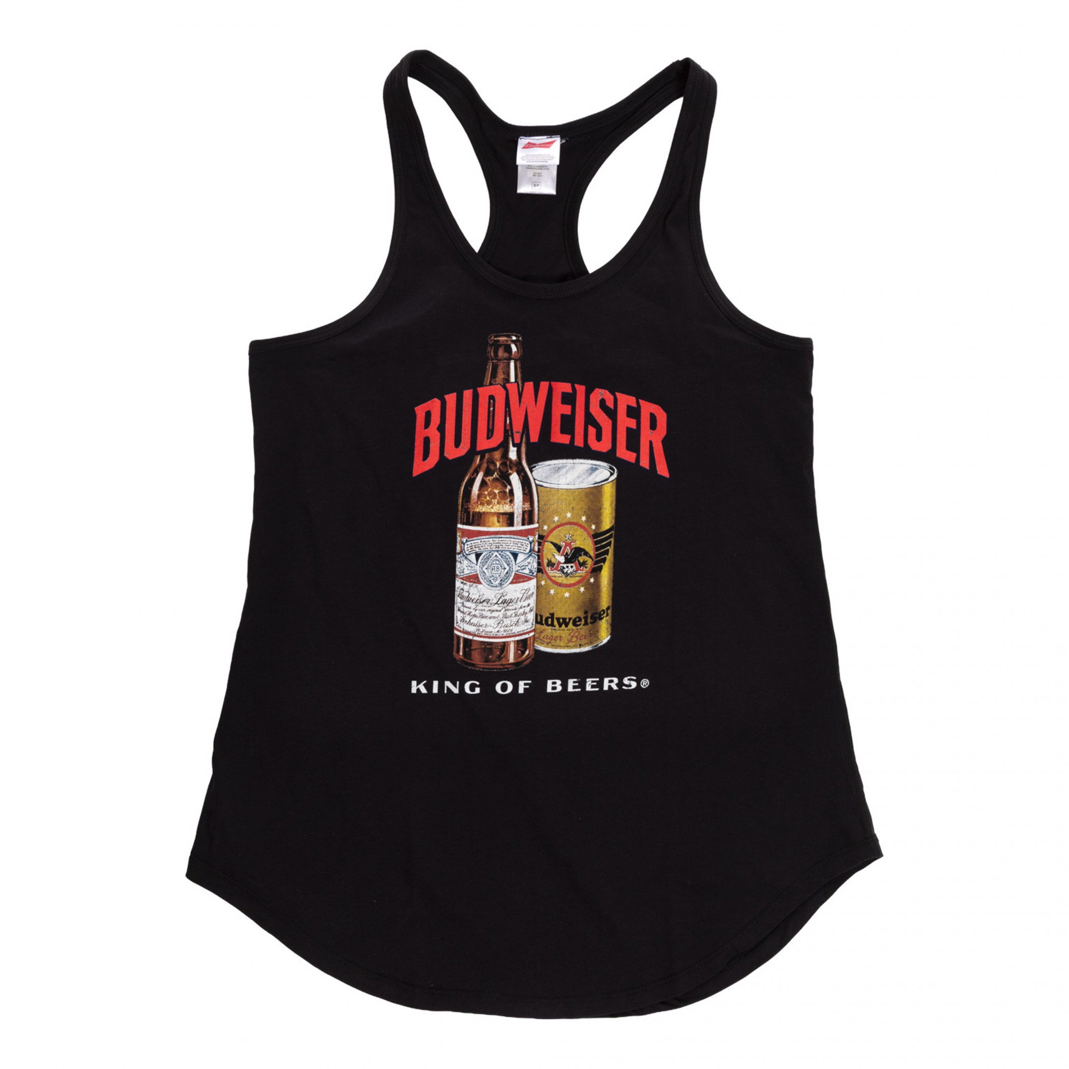 Budweiser King of Beers Bottle and Can on Black Ladies Tank Top