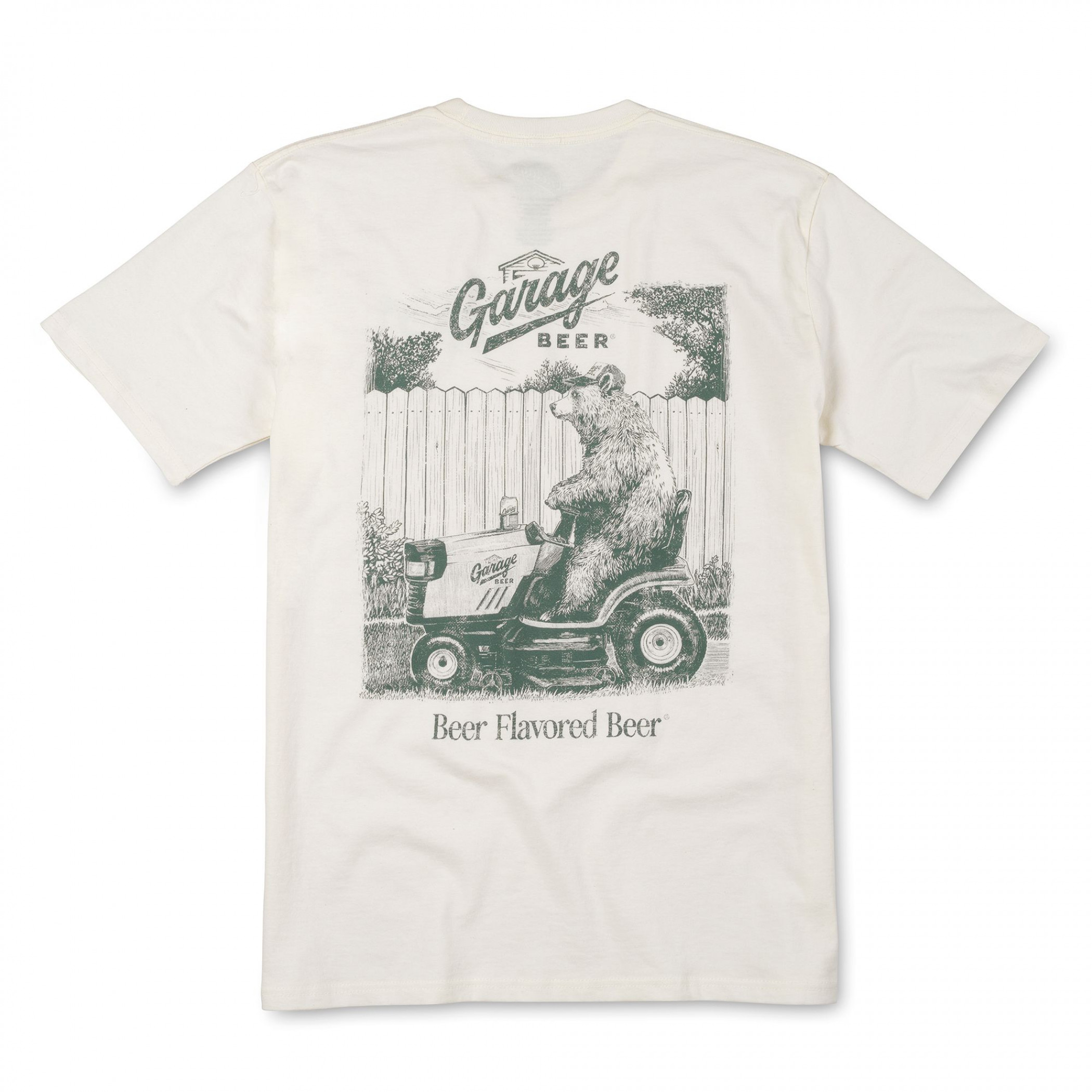 Garage Beer Bear on Riding Mower Front and Back Print T-Shirt