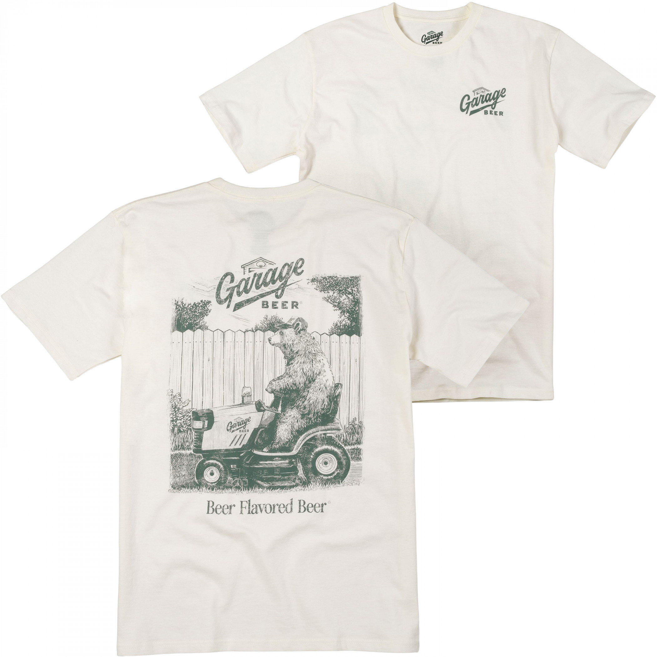 Garage Beer Bear on Riding Mower Front and Back Print T-Shirt