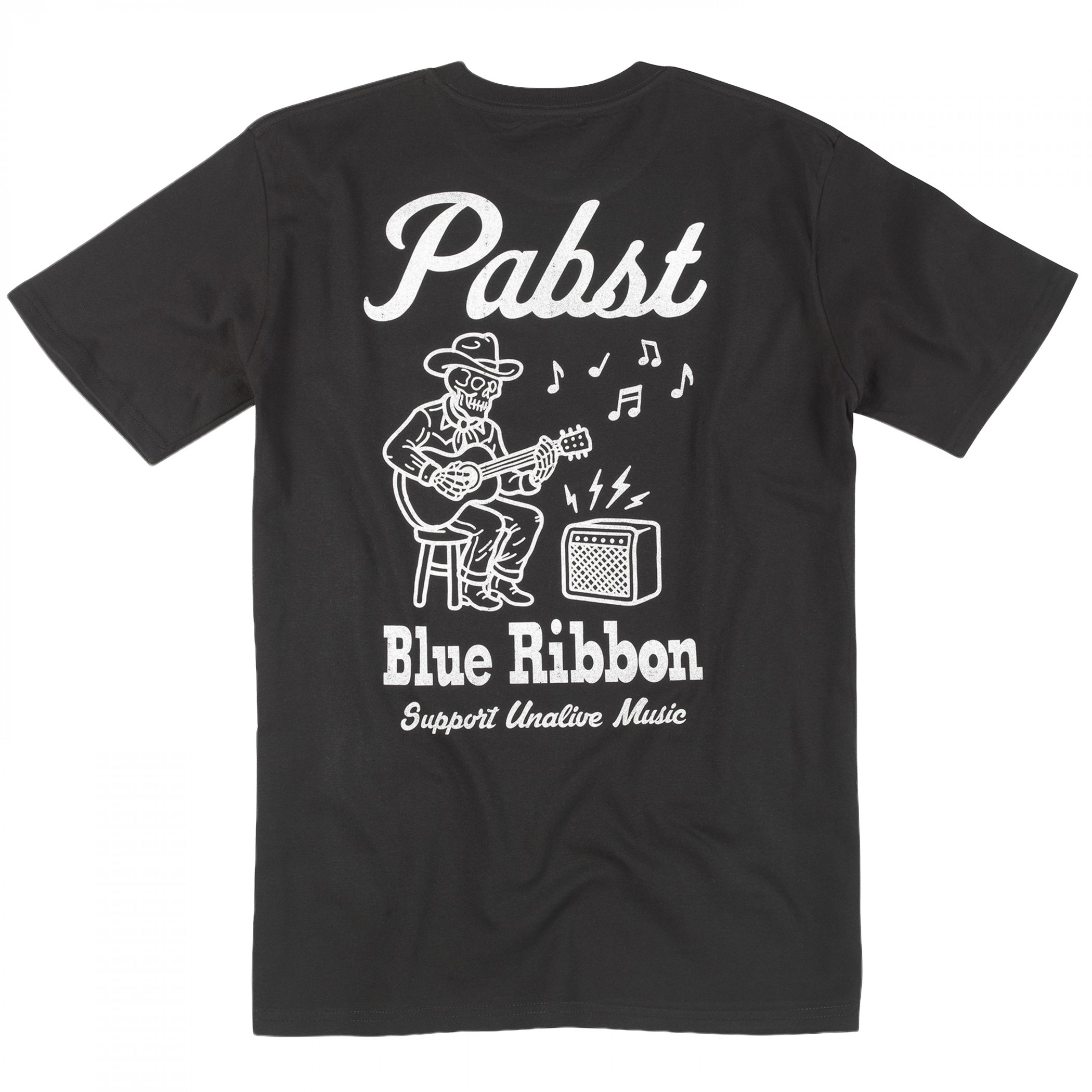 Pabst Blue Ribbon Unalive Music Front and Back Print T-Shirt