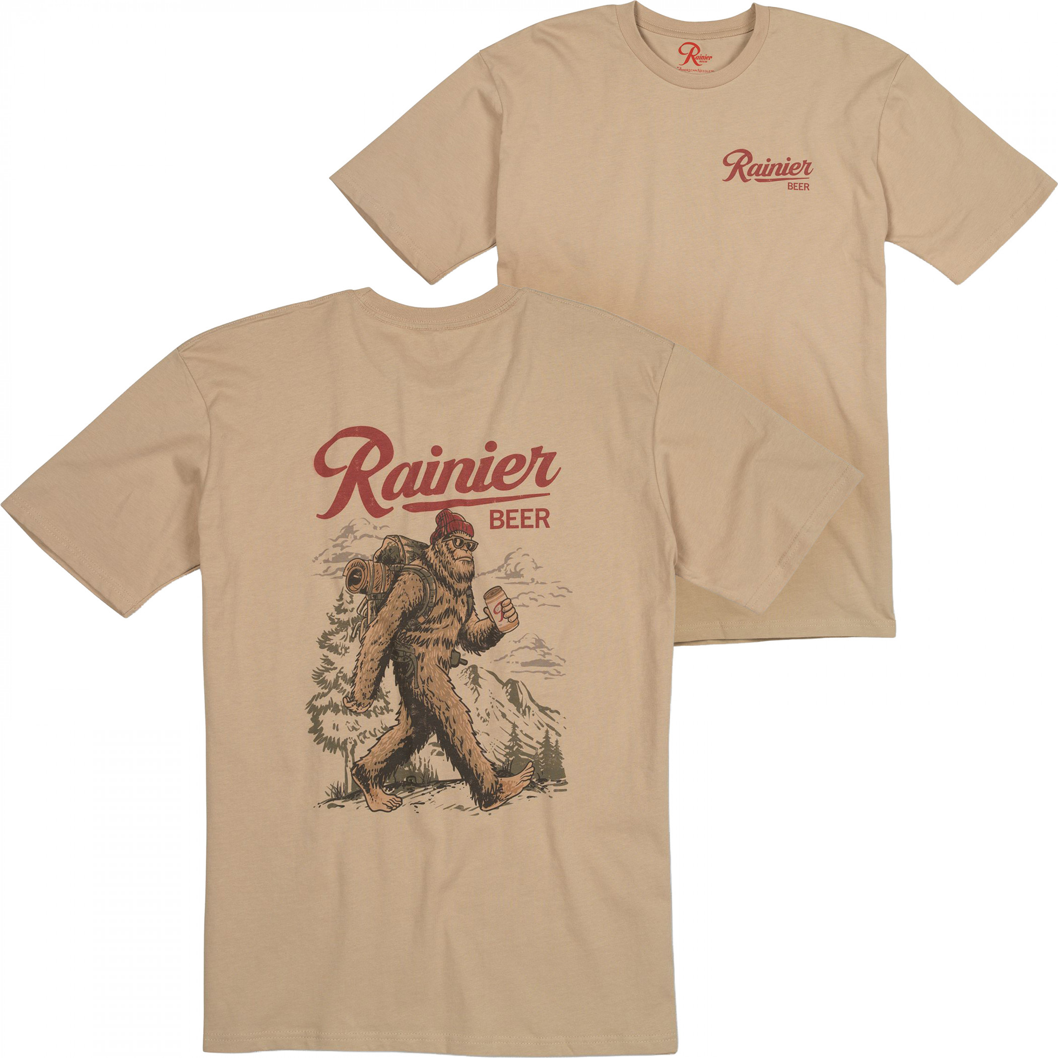 Rainier Beer Sasquatch Backpacking Front and Back Print T-Shirt