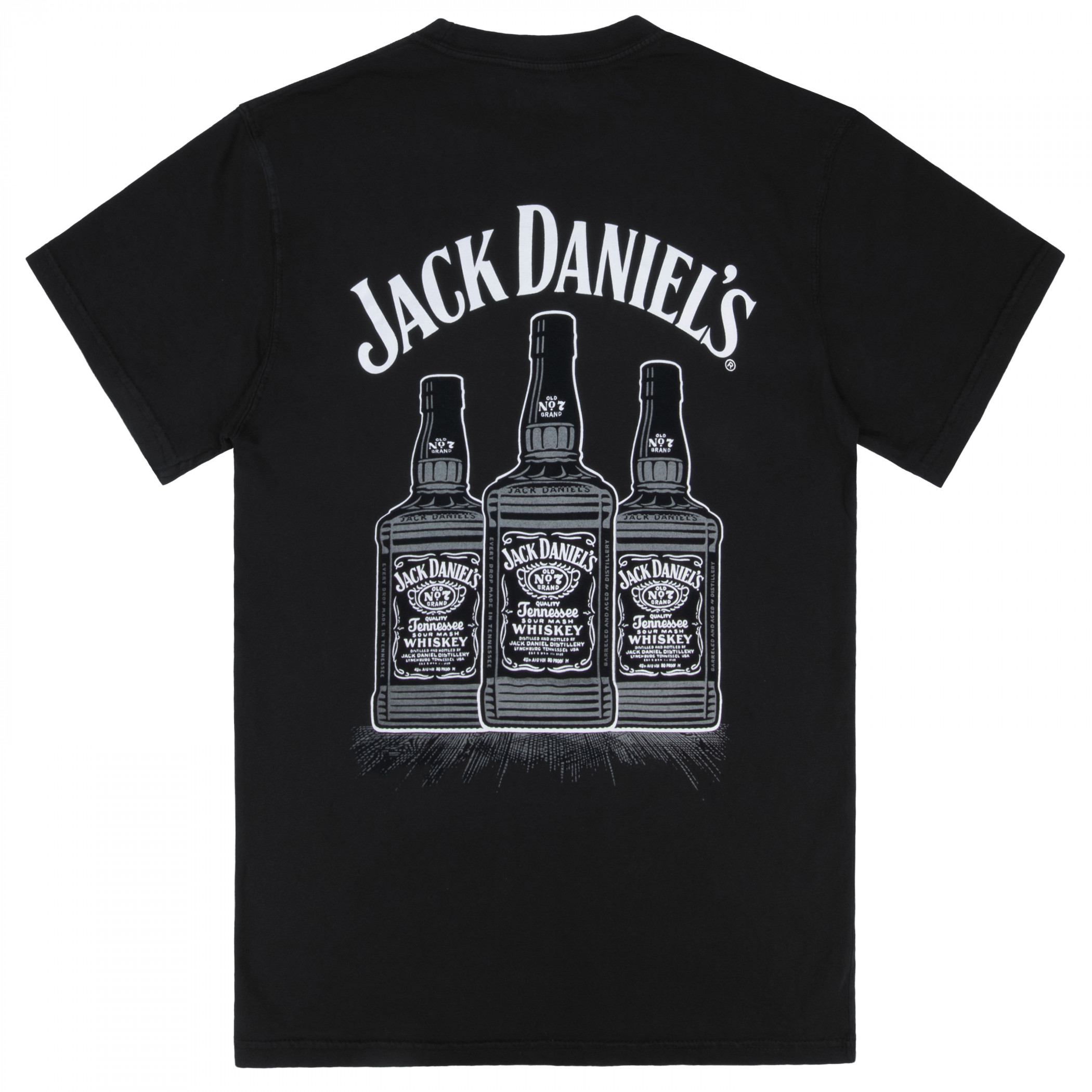 Jack Daniels Three Bottles Mineral Wash Front Back Print Woven Pocket T-Shirt