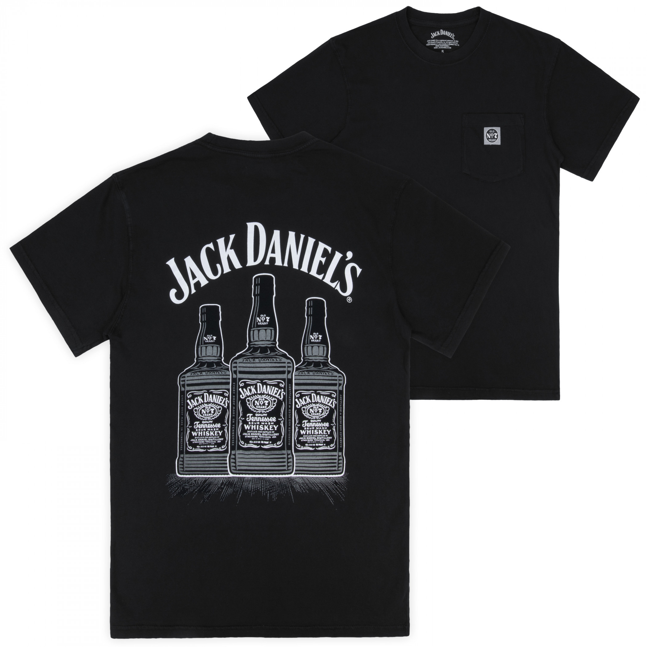 Jack Daniels Three Bottles Mineral Wash Front Back Print Woven Pocket T-Shirt