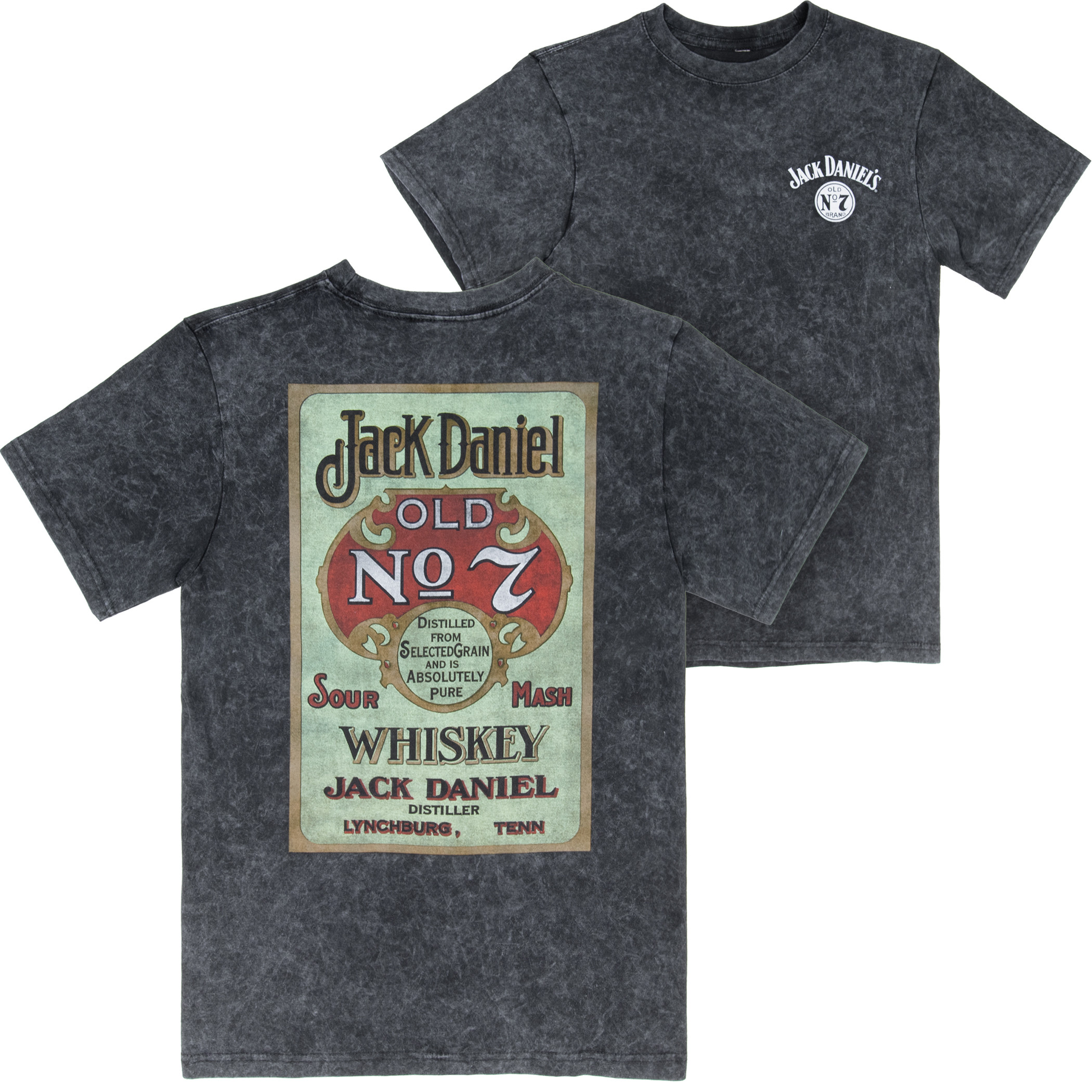 Jack Daniels Vintage Label Mineral Wash Front & Back Print T-shirt