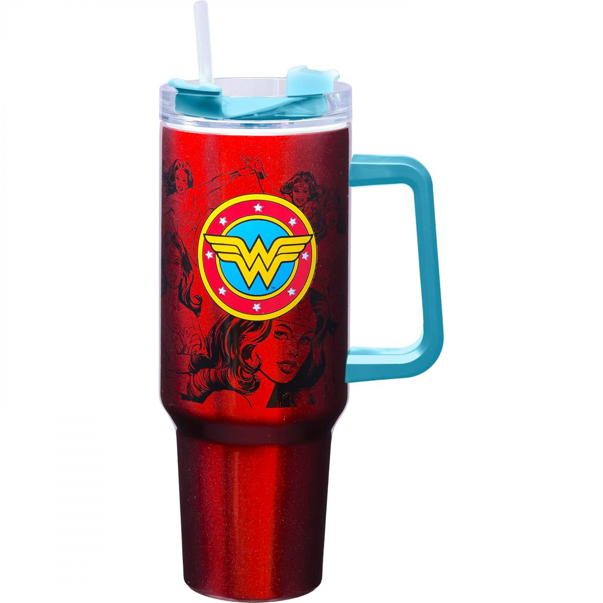 Wonder Woman Logo with Comic Art Stainless Steel 40oz Travel Mug, Red