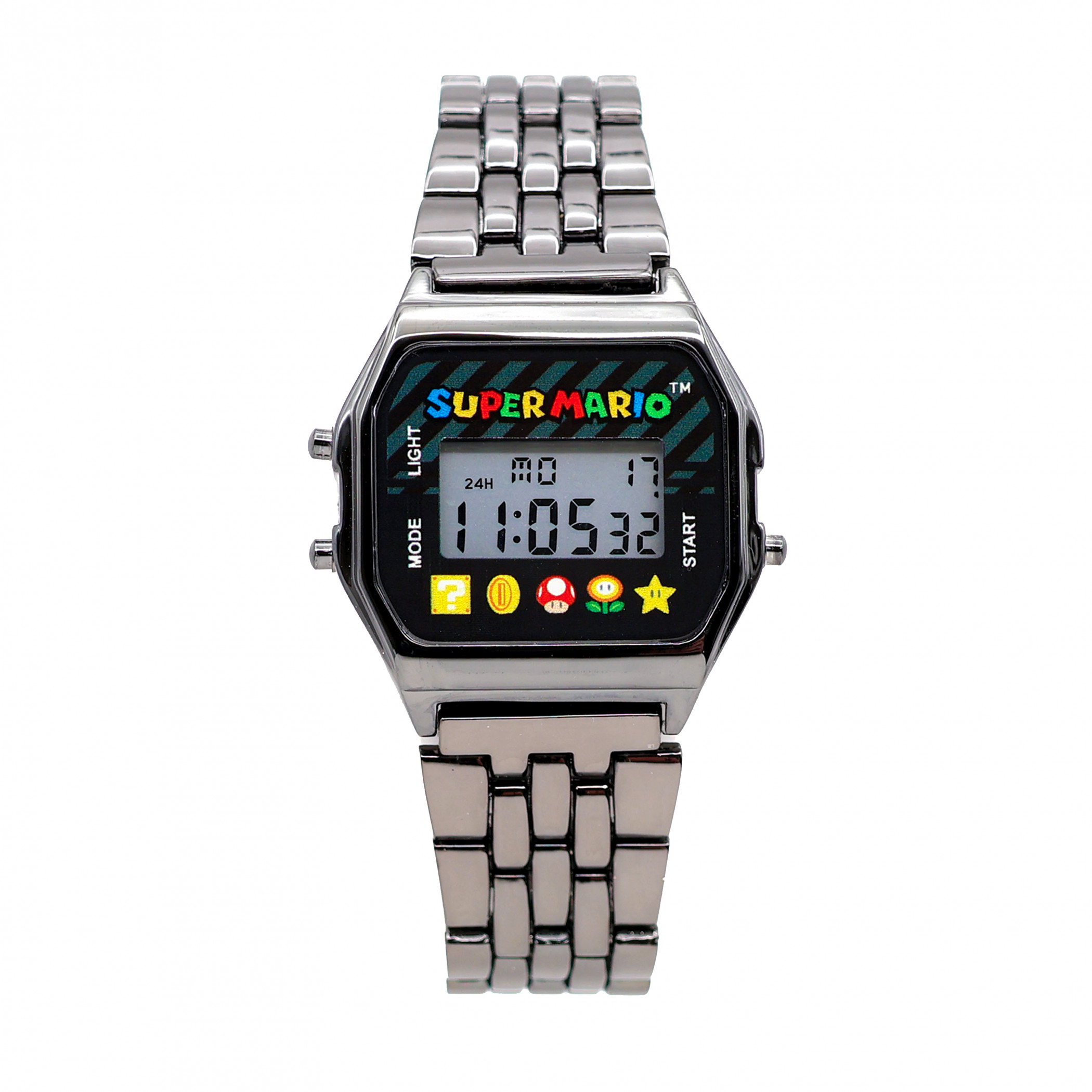 Super Mario Bros LCD Digital Wrist Watch with Black Metallic Band, Black