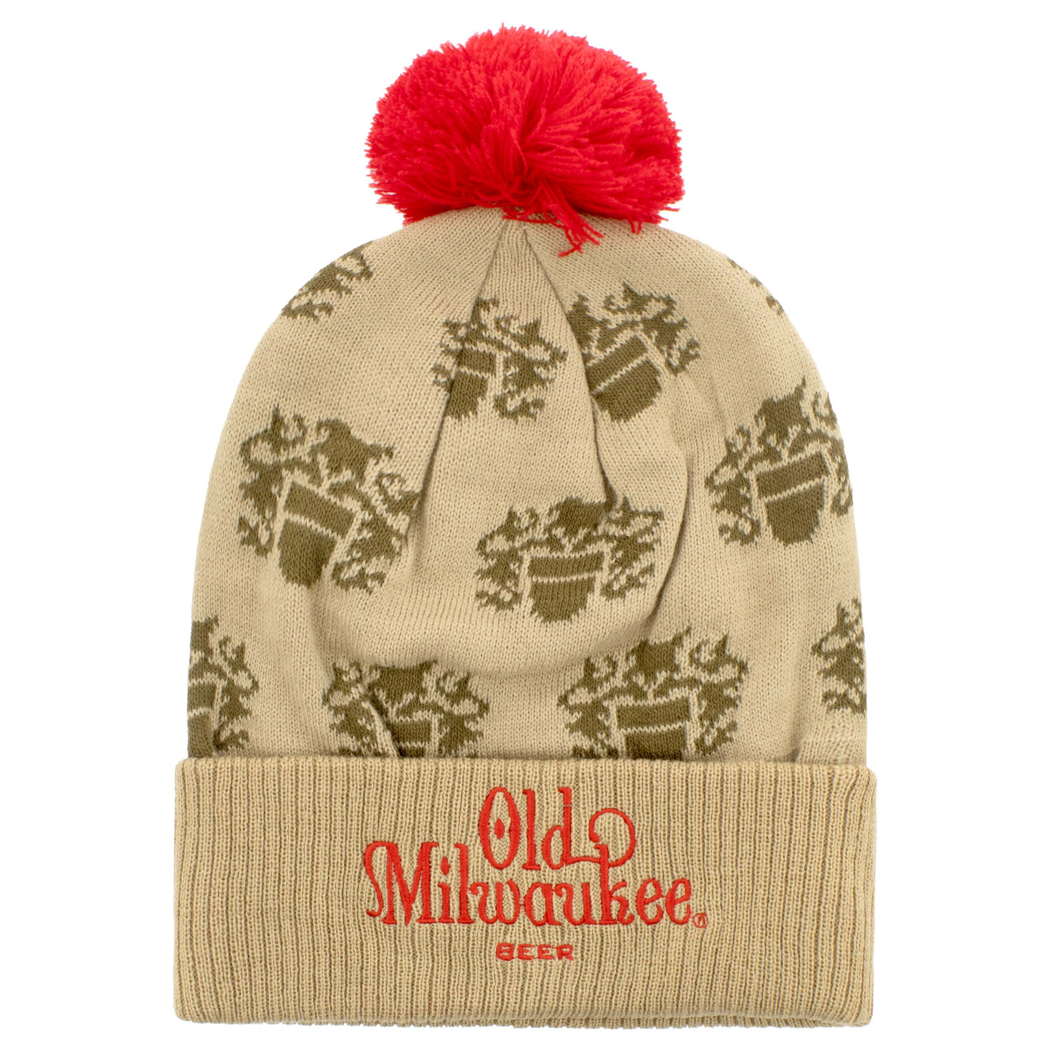 Old Milwaukee Logo Pattern Pom Beanie