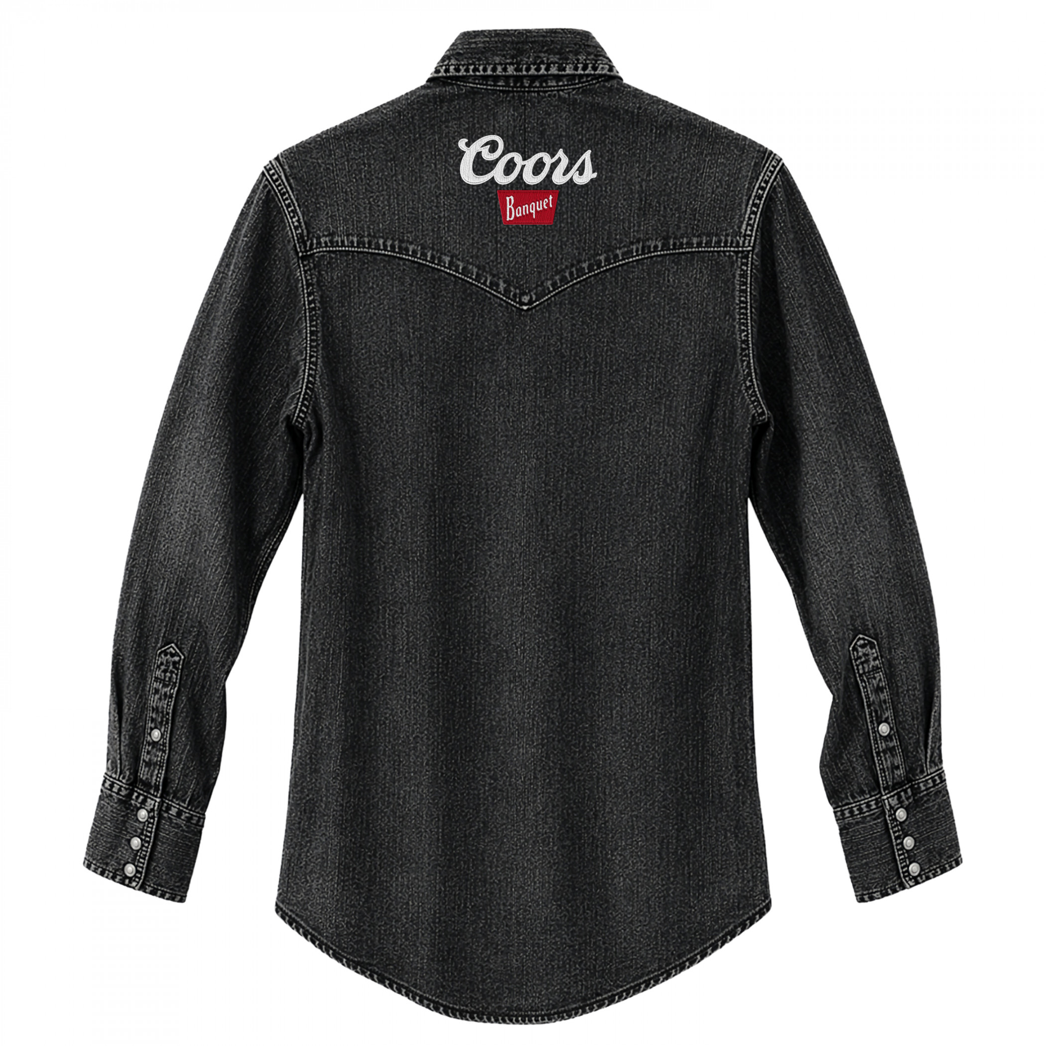Coors Banquet Embroidered Logo Black Denim Western Snap Button Shirt