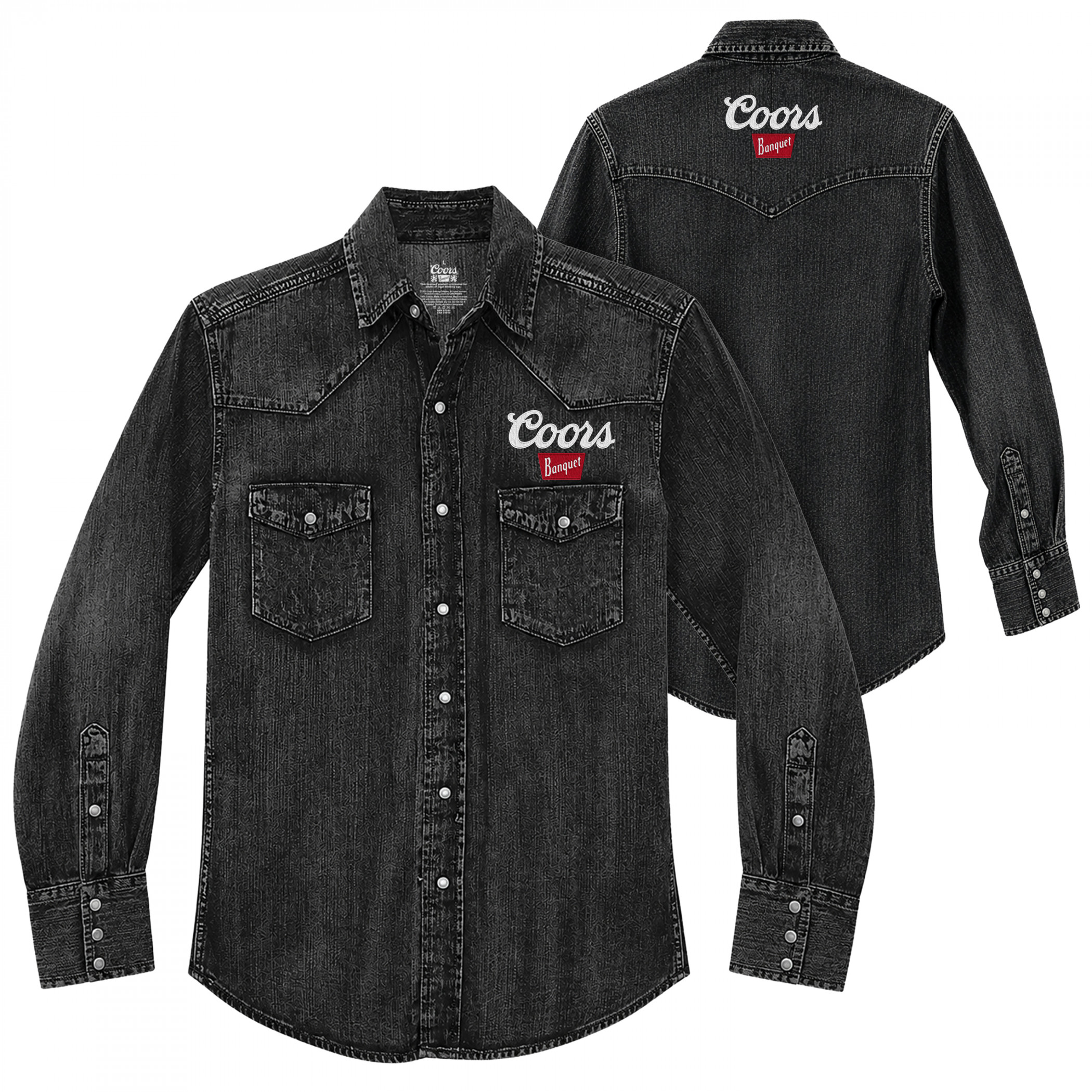 Coors Banquet Embroidered Logo Black Denim Western Snap Button Shirt