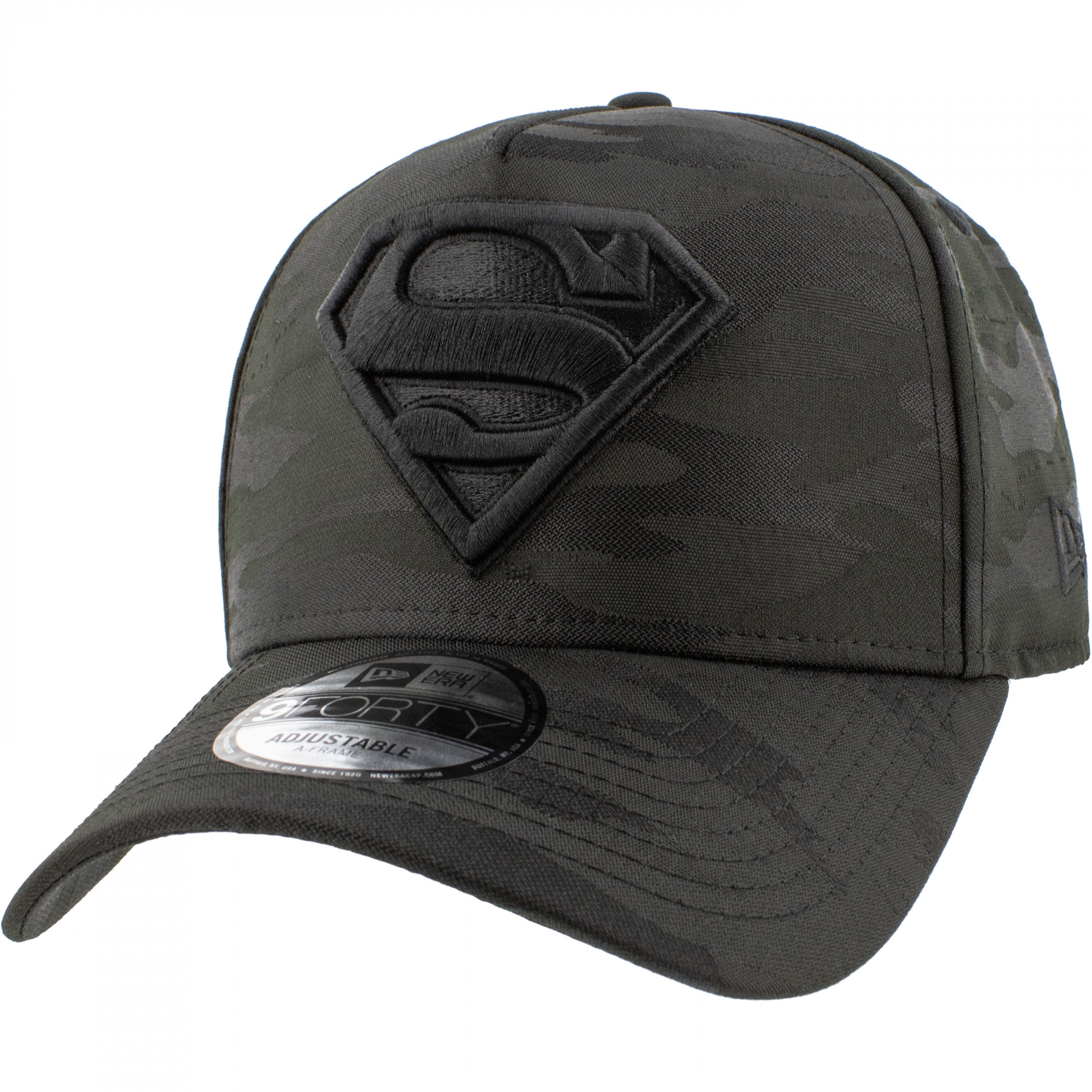 Superman Logo Black on Black Tonal Camo New Era 9Forty A-Frame Adjustable Hat, Black