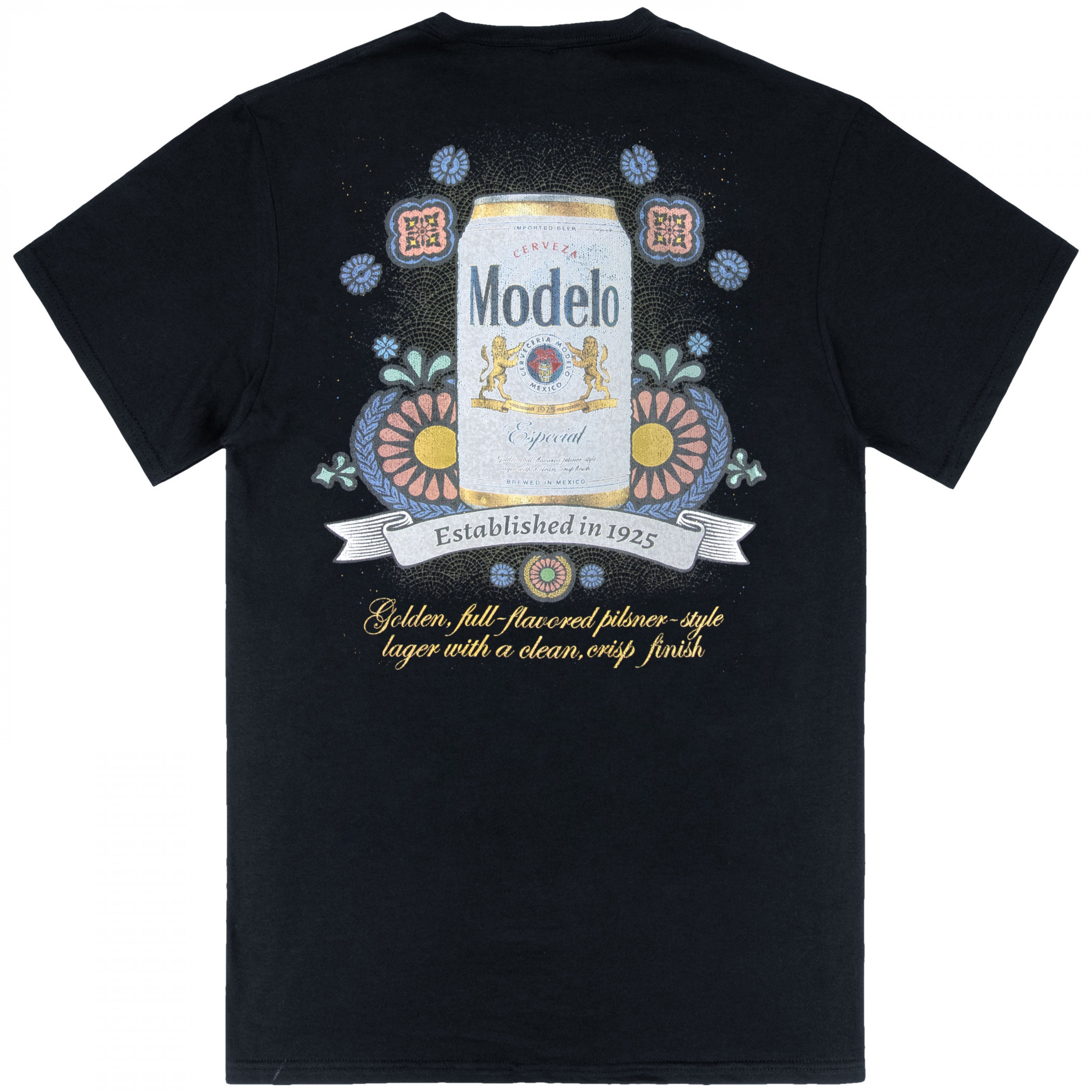 Modelo Especial Golden Pilsner Fiesta Can Front Back Print T-Shirt