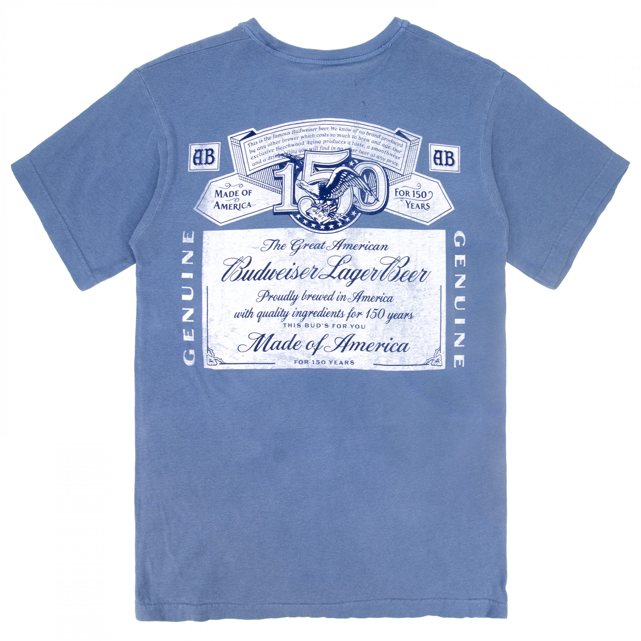 Budweiser 150 Years Label Blue Colorway Premium Mineral Wash Front & Back Print T-Shirt