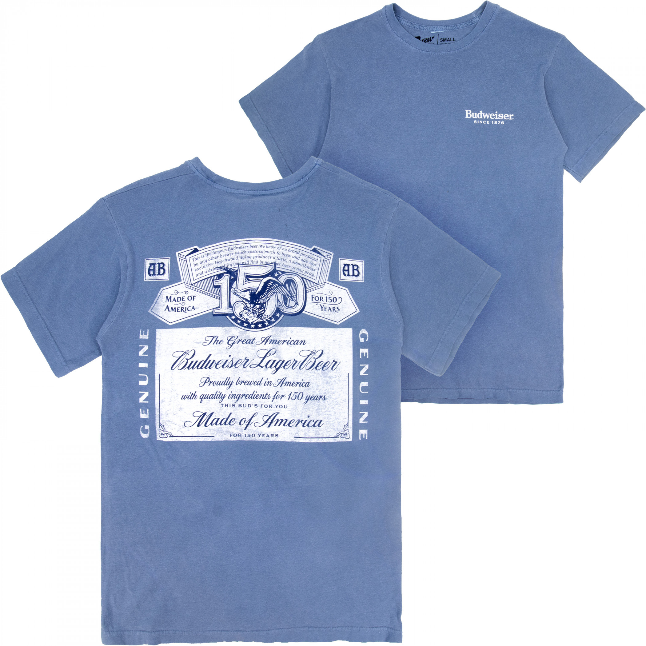 Budweiser 150 Years Label Blue Colorway Premium Mineral Wash Front & Back Print T-Shirt