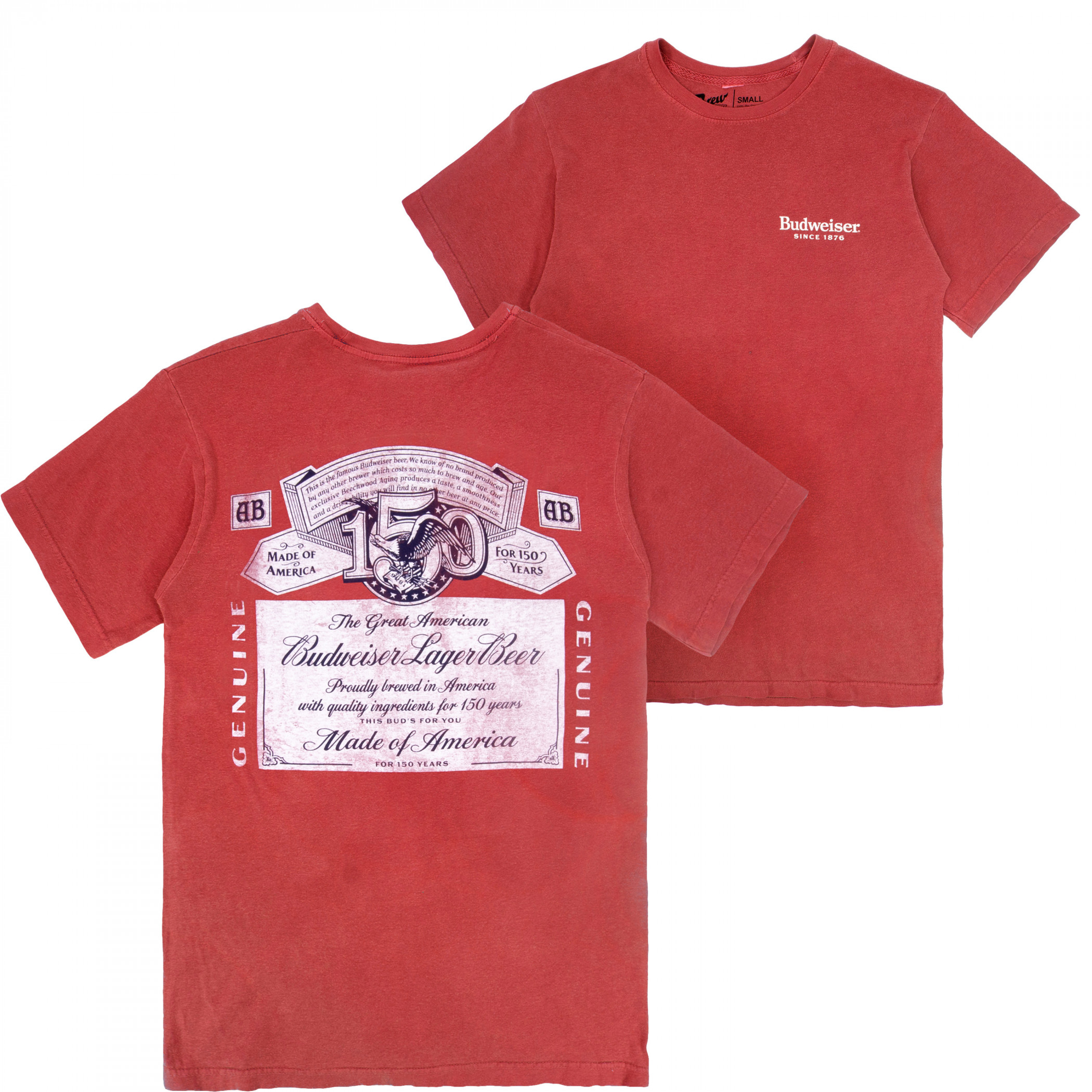 Budweiser 150 Years Label Red Premium Mineral Wash Front & Back Print T-Shirt