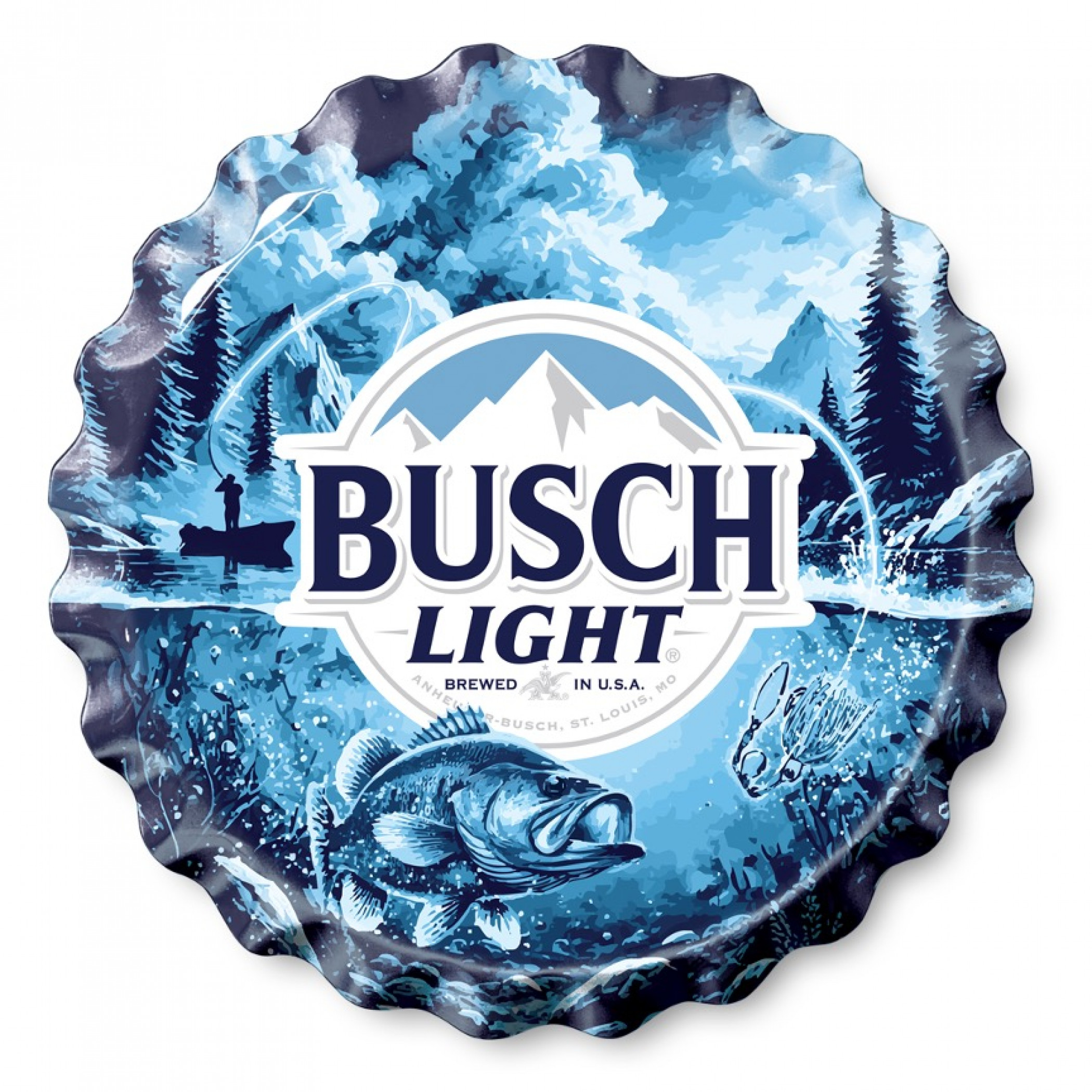 Busch Light 18' Fishing Bottle Cap Tin Sign with 28 Gauge Steel