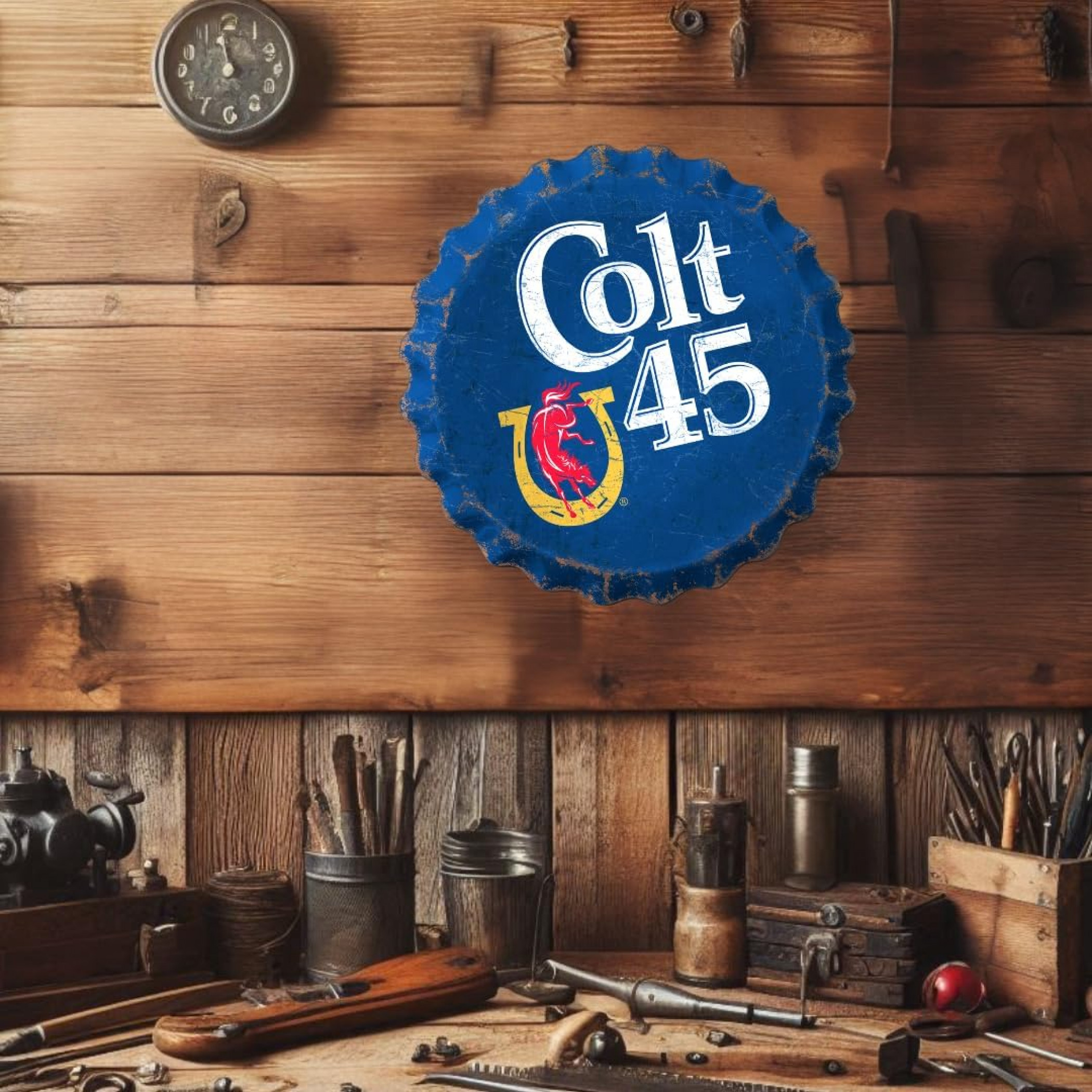 Colt 45 Logo with Colt and Horseshoe 18' Bottle Cap Tin Sign