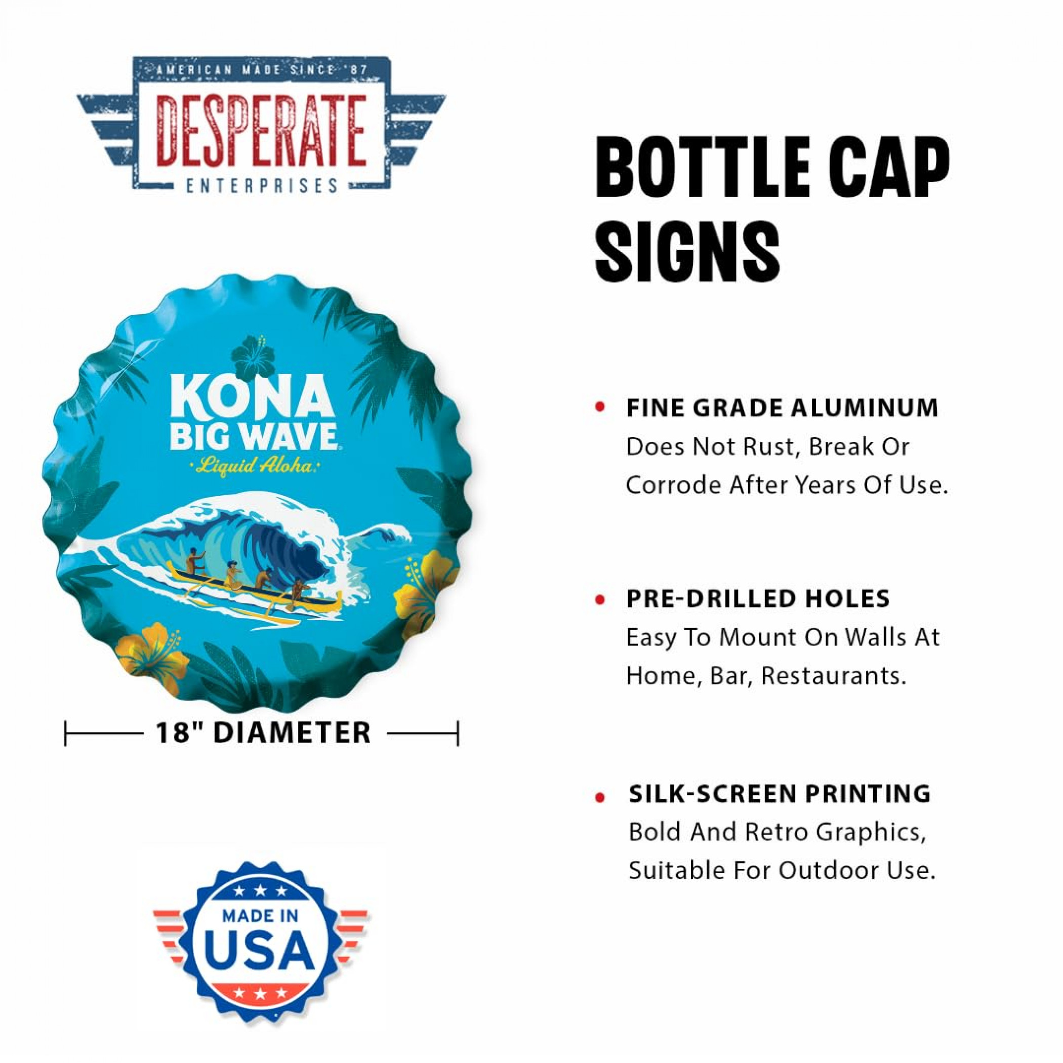 Kona Brewing Big Wave Liquid Aloha 18' Bottle Cap Tin Sign