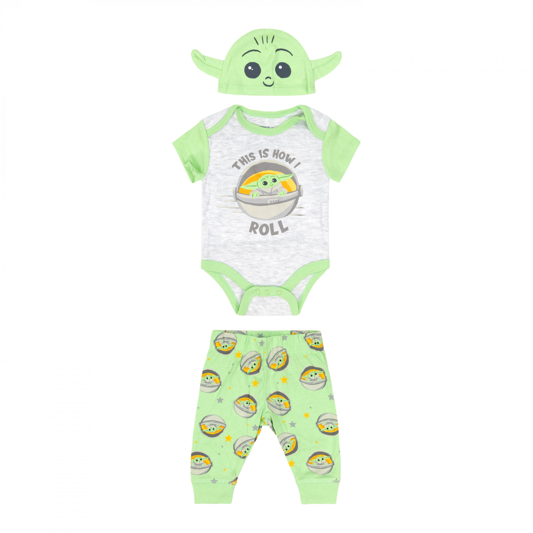 Star Wars The Mandalorian Grogu Roll 3-Piece Infant Pajamas, Green