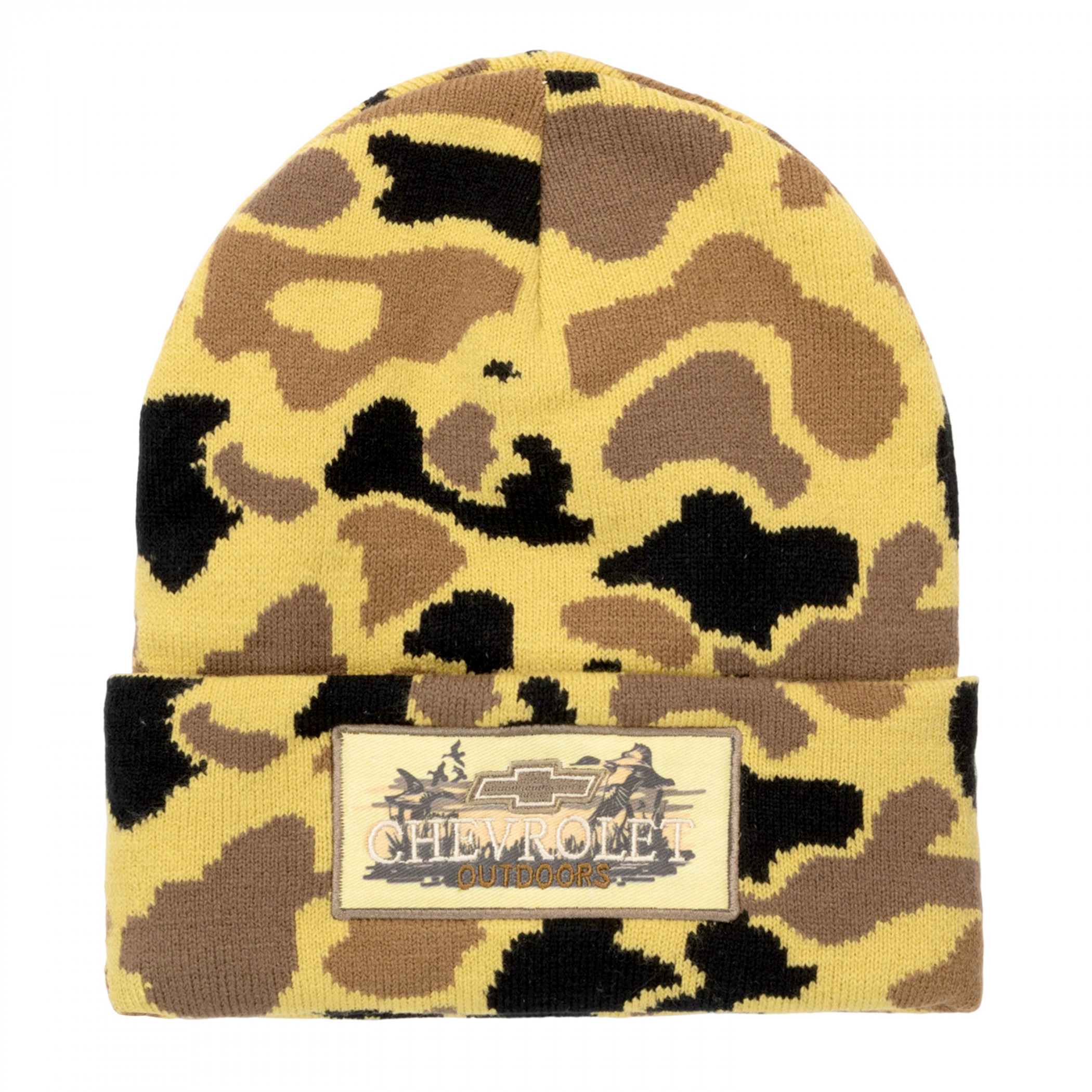 Chevrolet Outdoors Embroidered Patch Green Camo Knit Cuffed Beanie