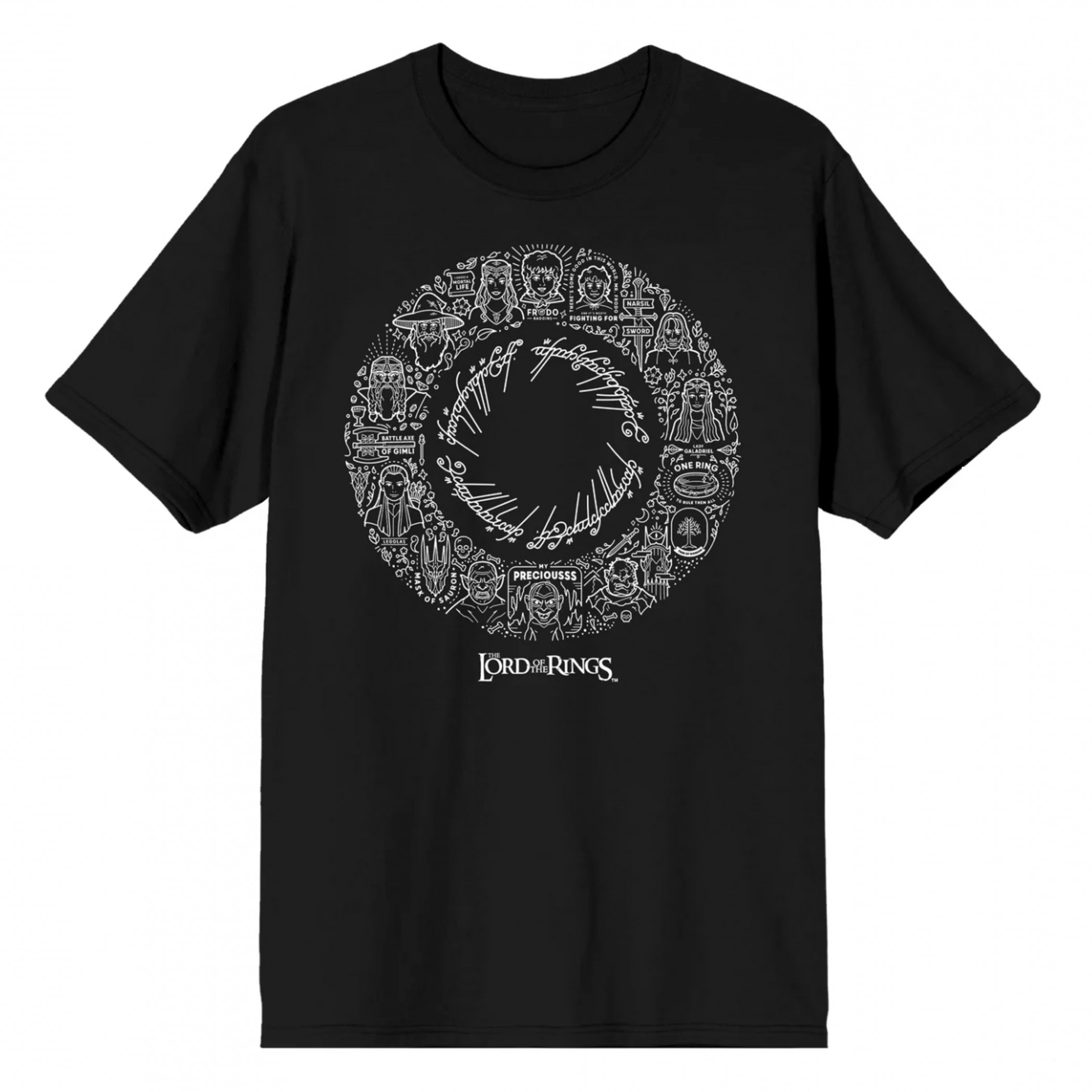 Lord of the Rings Character Doodles T-Shirt, Black