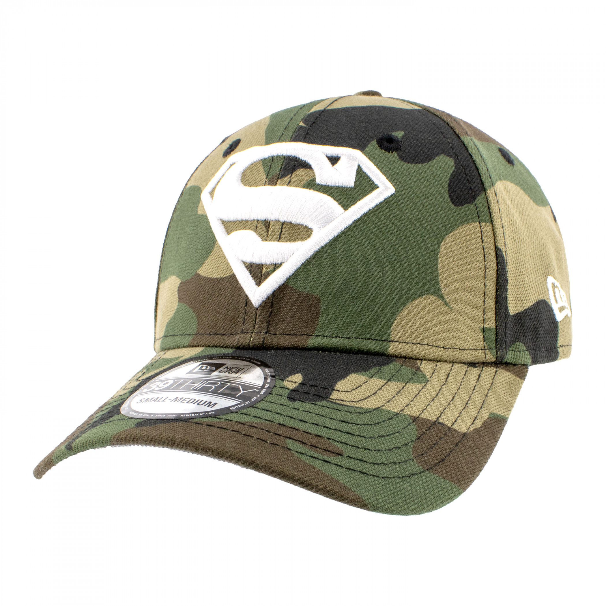Superman Classic Logo Woodland Camo New Era 39Thirty Fitted Hat Green