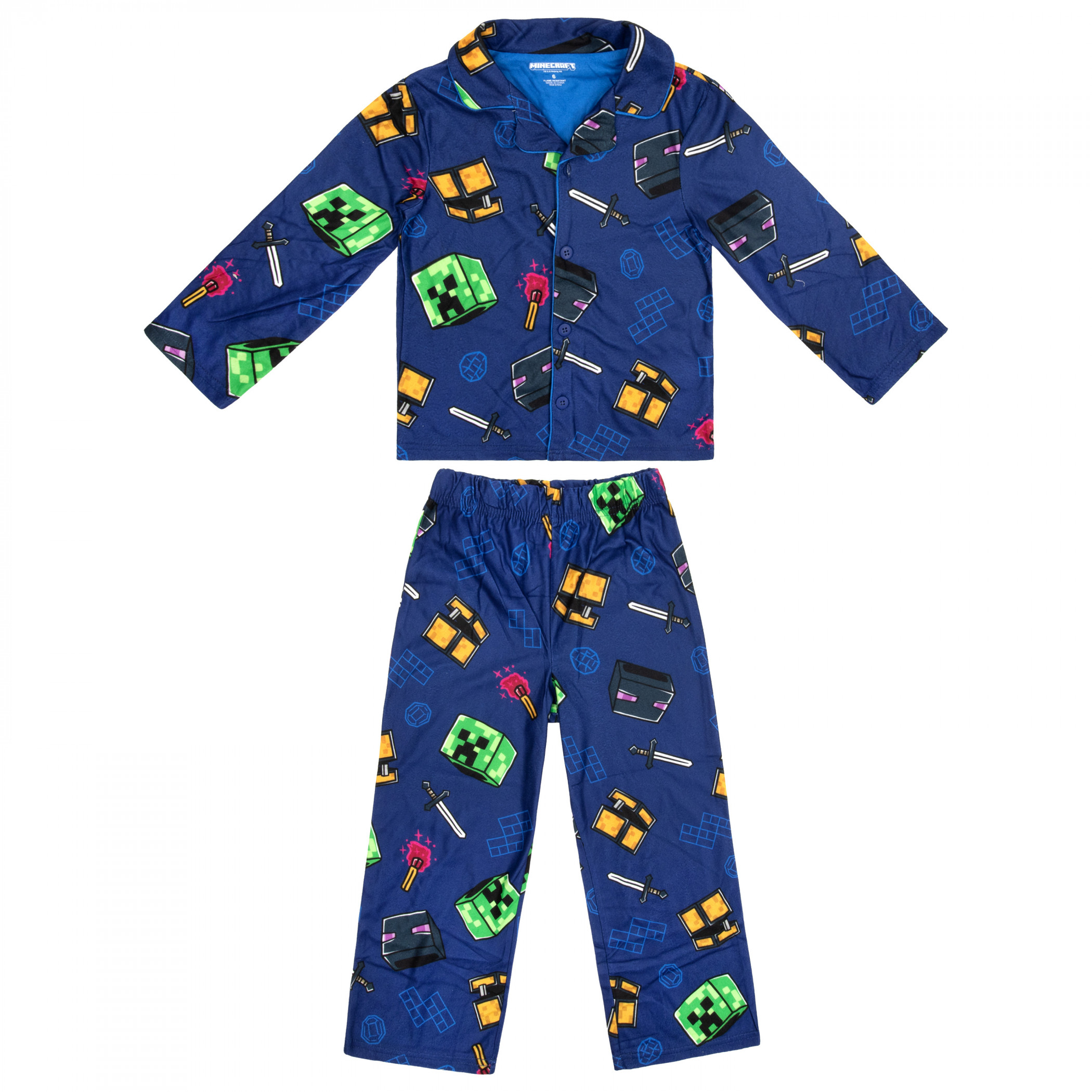 Minecraft Item Collage Print Brushed Micro Jersey 2-piece Kid's Pajamas, Blue