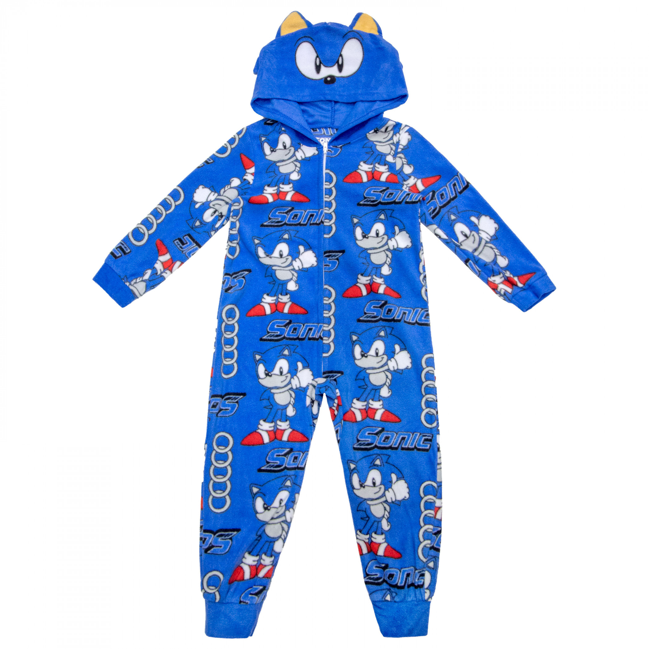 Sonic the Hedgehog Hooded Micro Fleece Zip Up Bodysuit Kids Pajamas, Blue