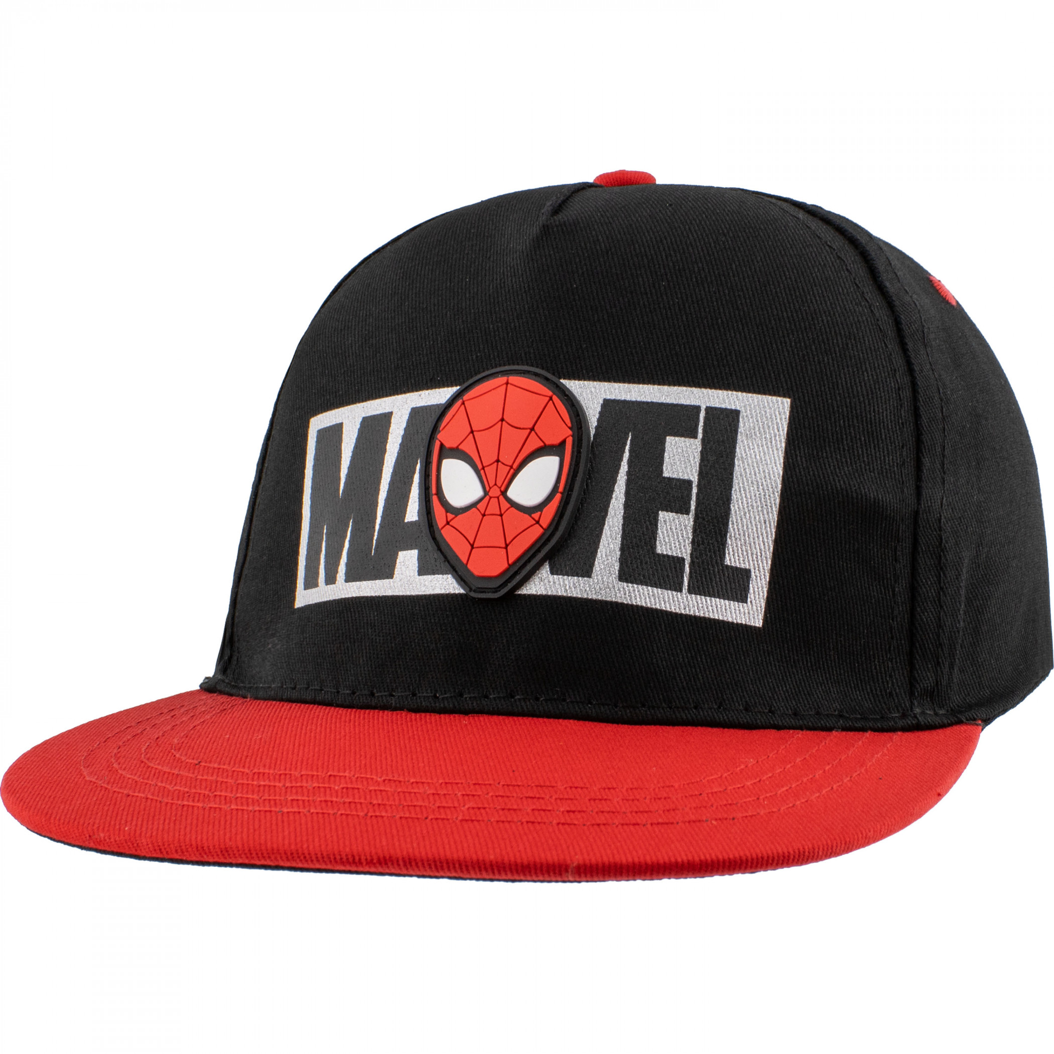 Spider-Man Mask and Marvel Brick Logo Flat Bill Snapback Youth Hat, Multi-Color