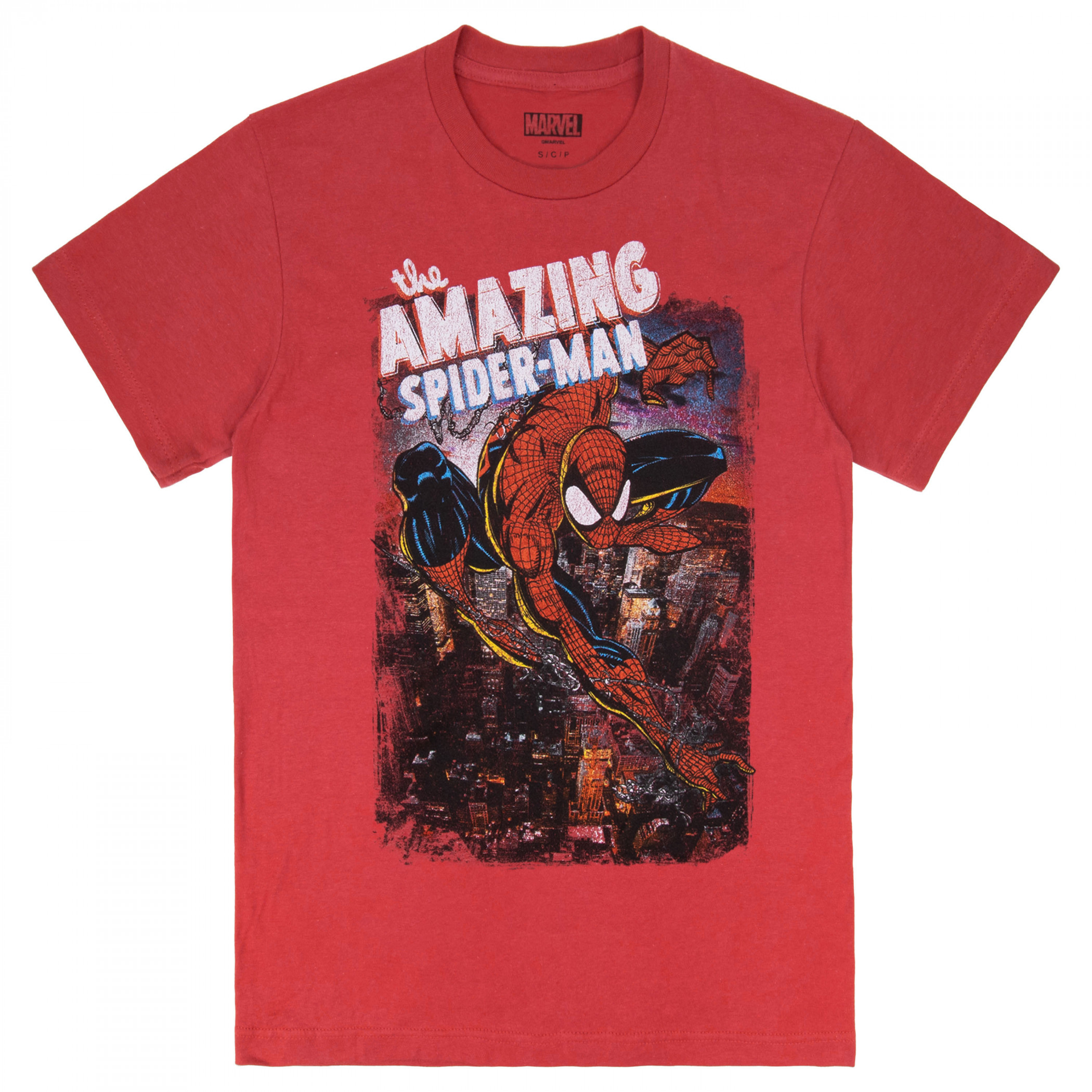 Spider-man Swinging Above City Distressed Graphic T-Shirt, Red