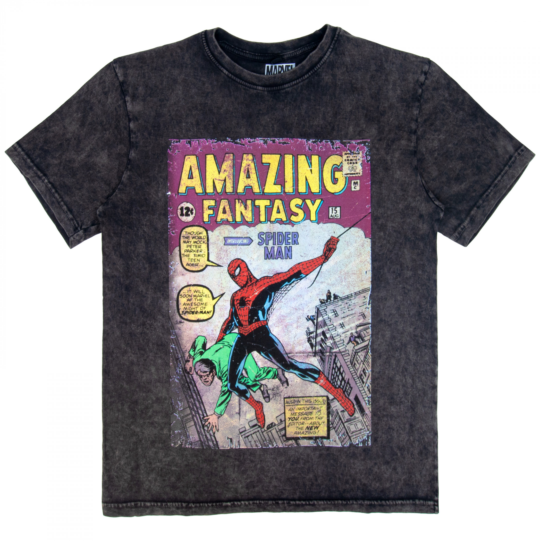 Spider-man Amazing Fantasy #1 Comic Cover Stone Wash T-Shirt, Grey