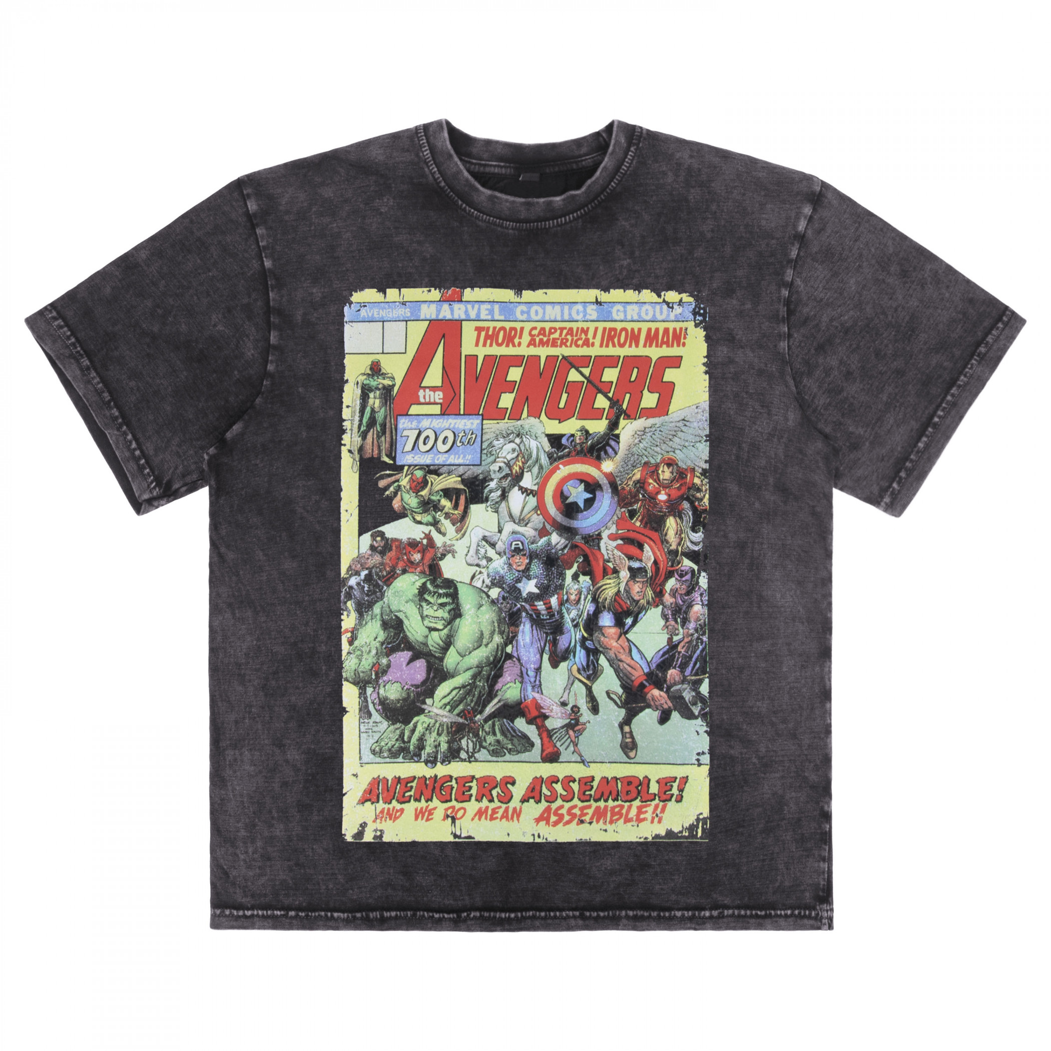 Avengers Assemble 700th Comic Book Cover Stone Wash T-Shirt, Grey