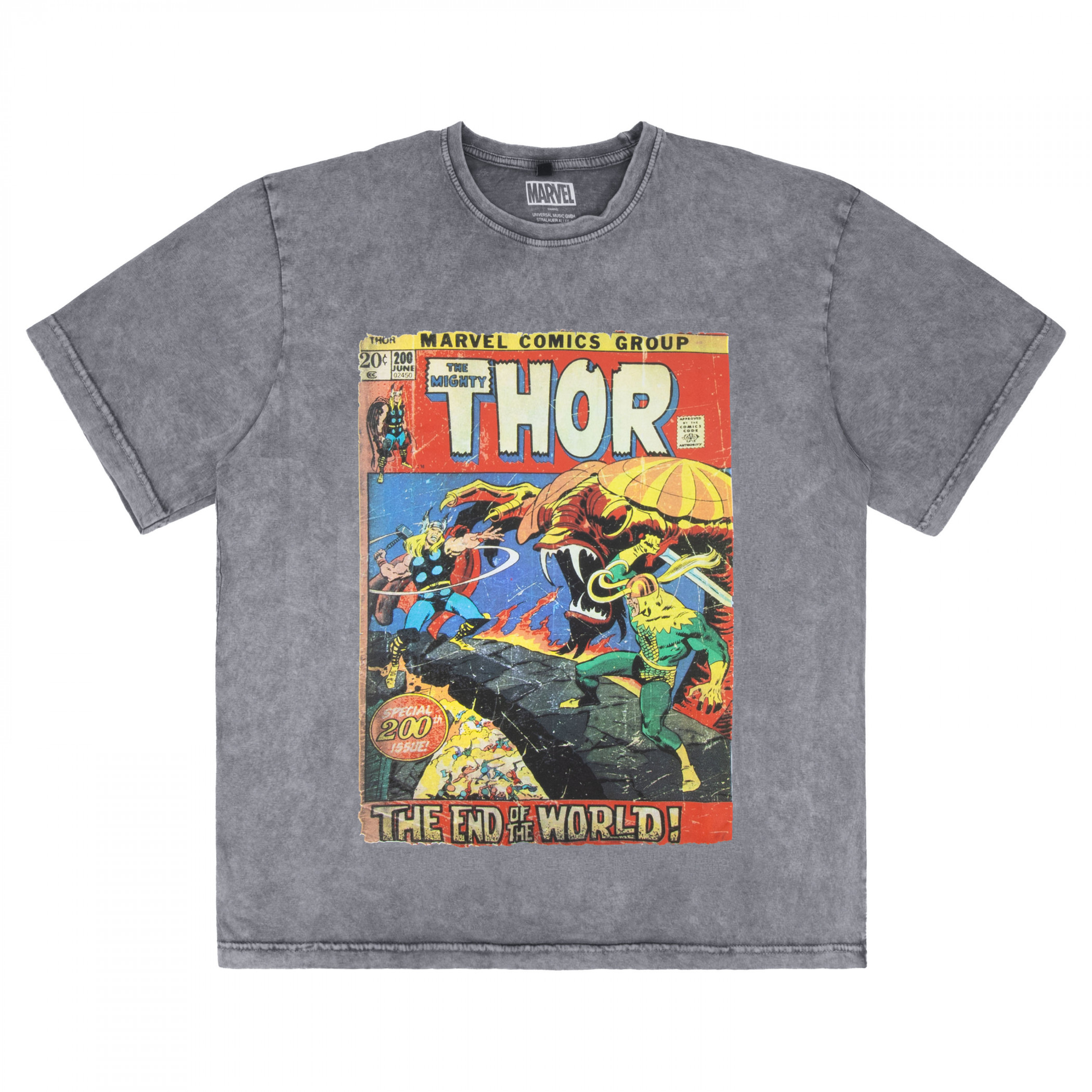 Thor End of the World 200th Issue Comic Cover Stone Wash T-Shirt, Grey