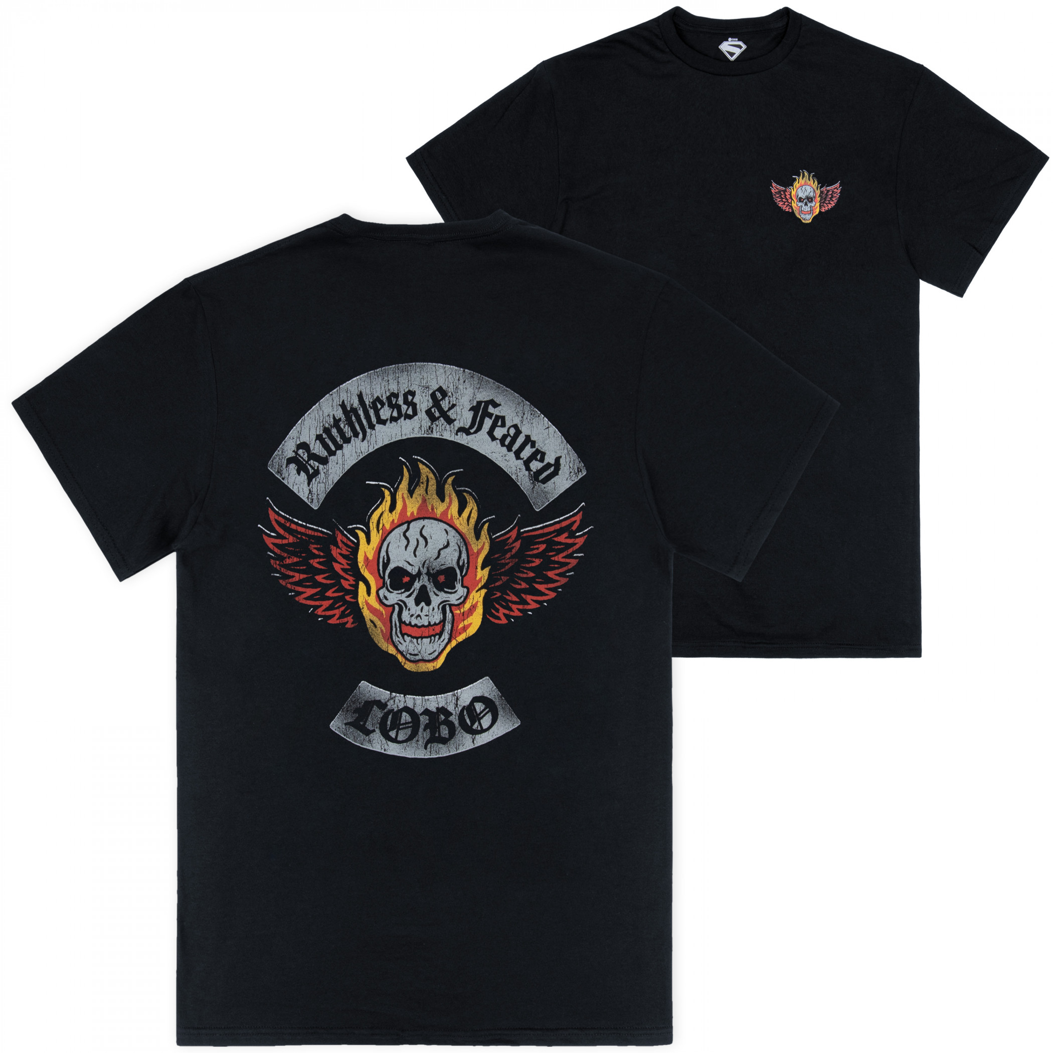 Supergirl Movie Lobo Skull Logo Front and Back Print T-Shirt, Black