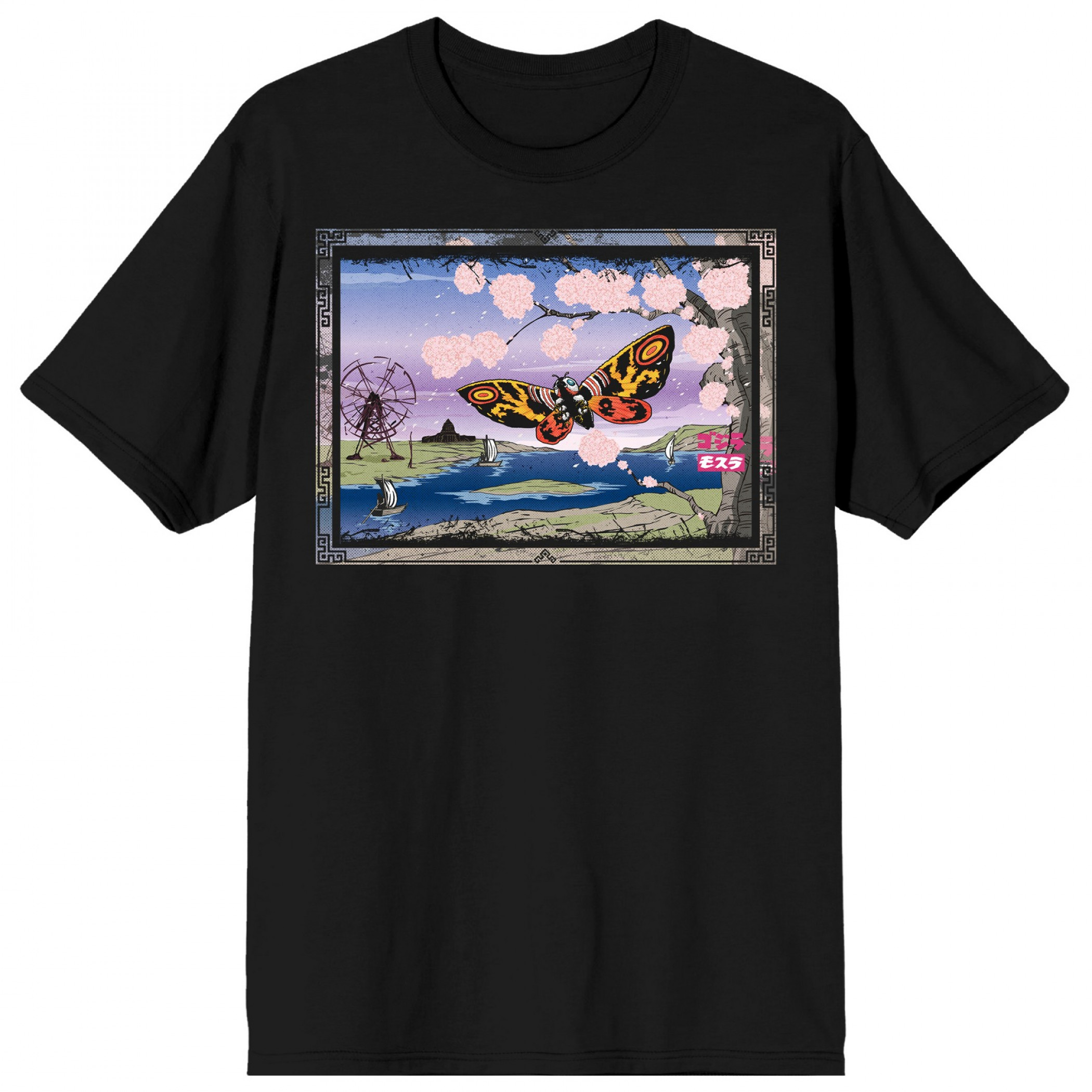Godzilla Classic Mothra with Cherry Blossom Tree & River T-Shirt, Black