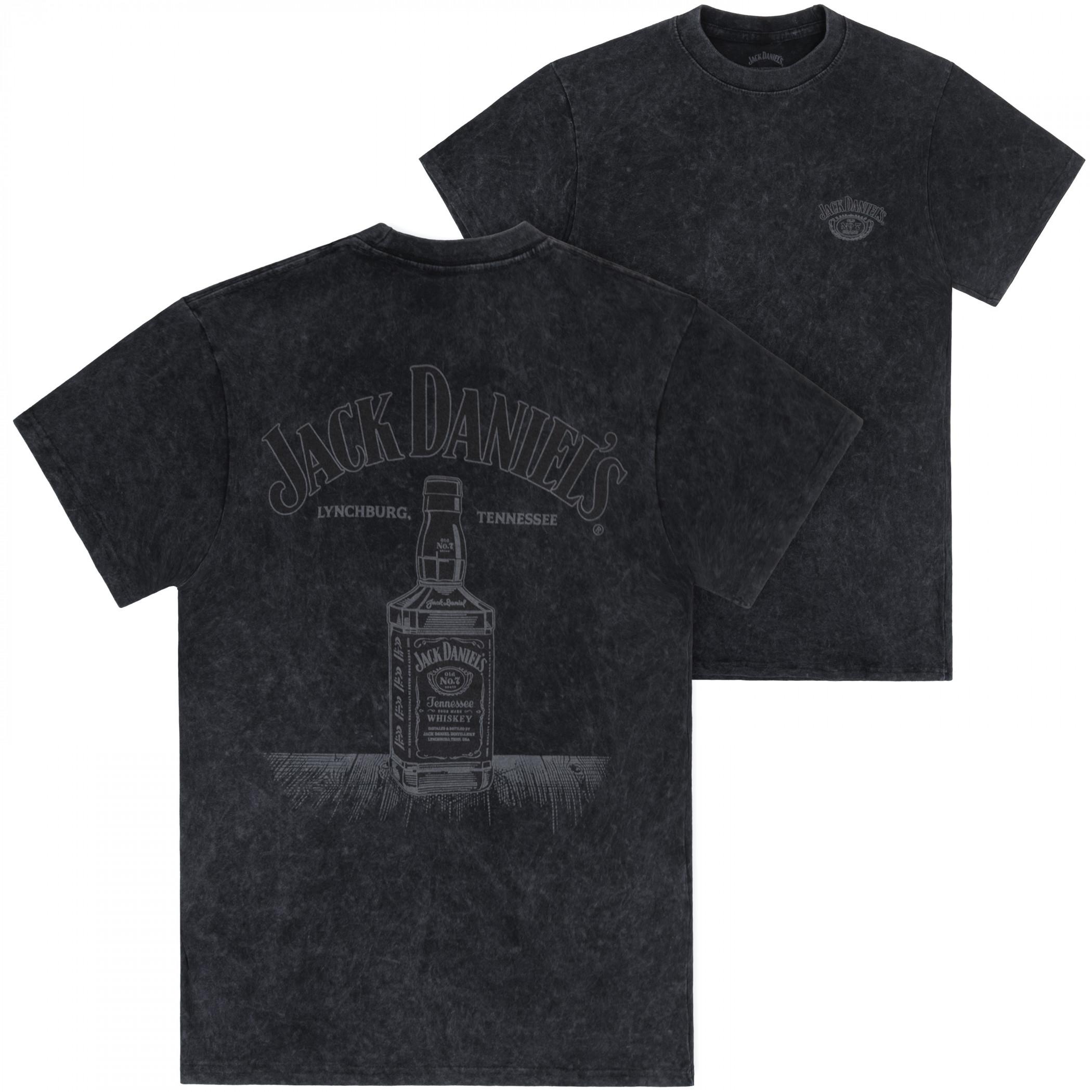 Jack Daniel's Black on Black Bottle Mineral Wash Front and Back Print T-Shirt