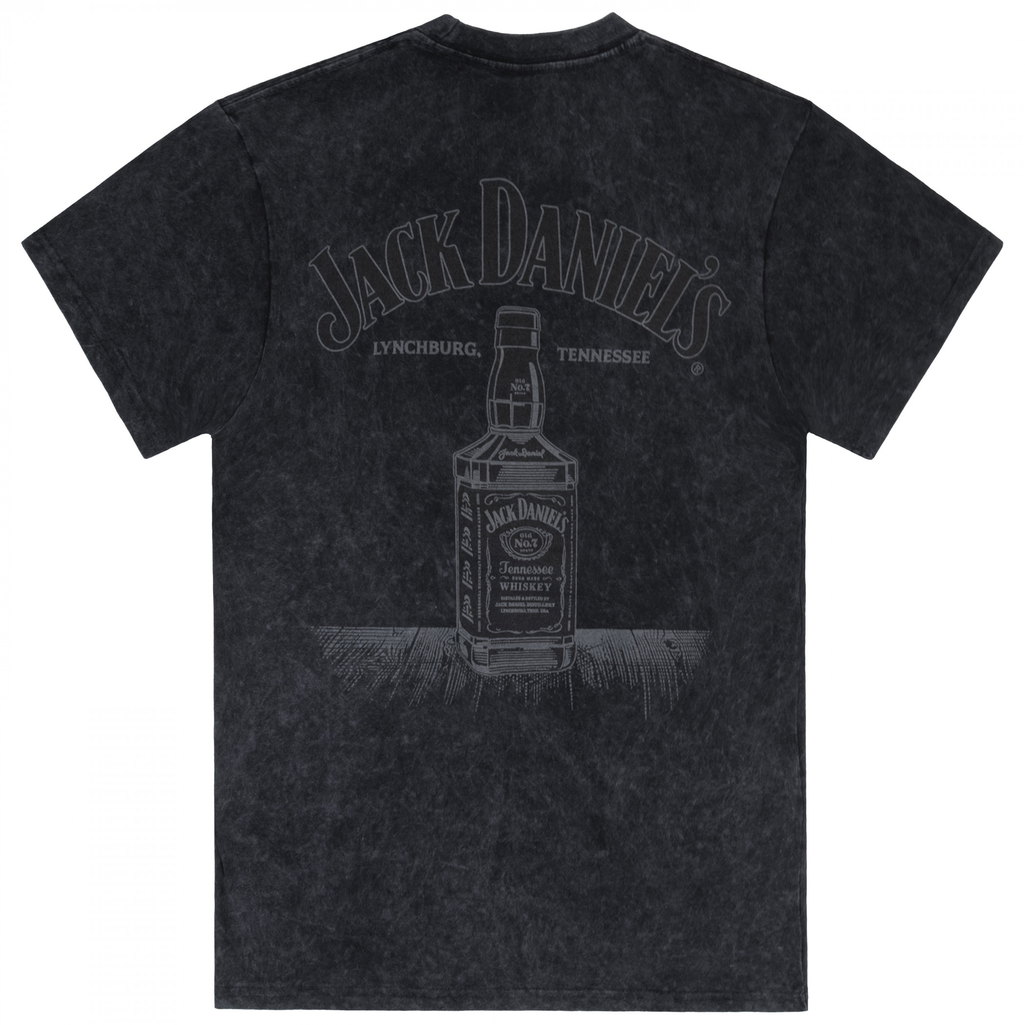 Jack Daniel's Black on Black Bottle Mineral Wash Front and Back Print T-Shirt