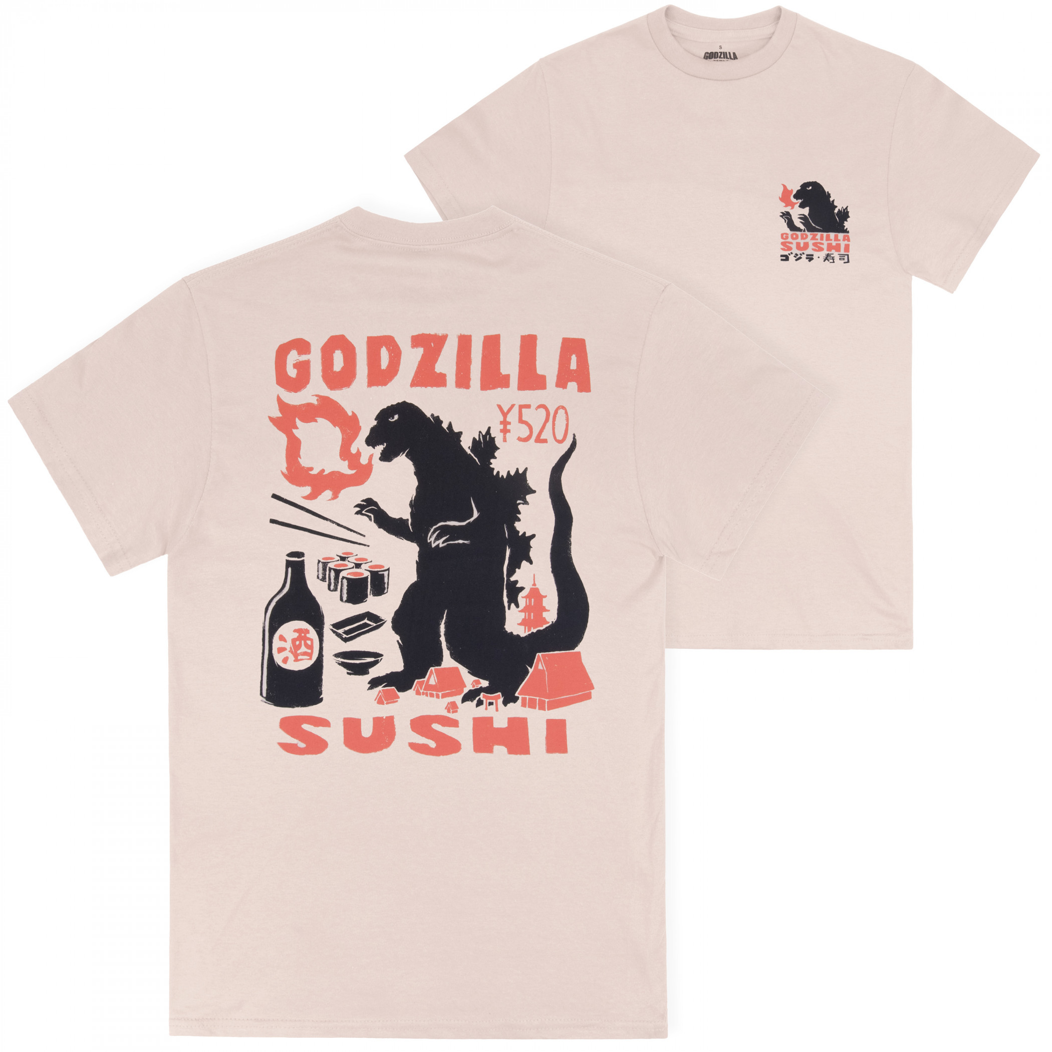 Godzilla Sushi Block Print Front and Back Print T-Shirt, Beige